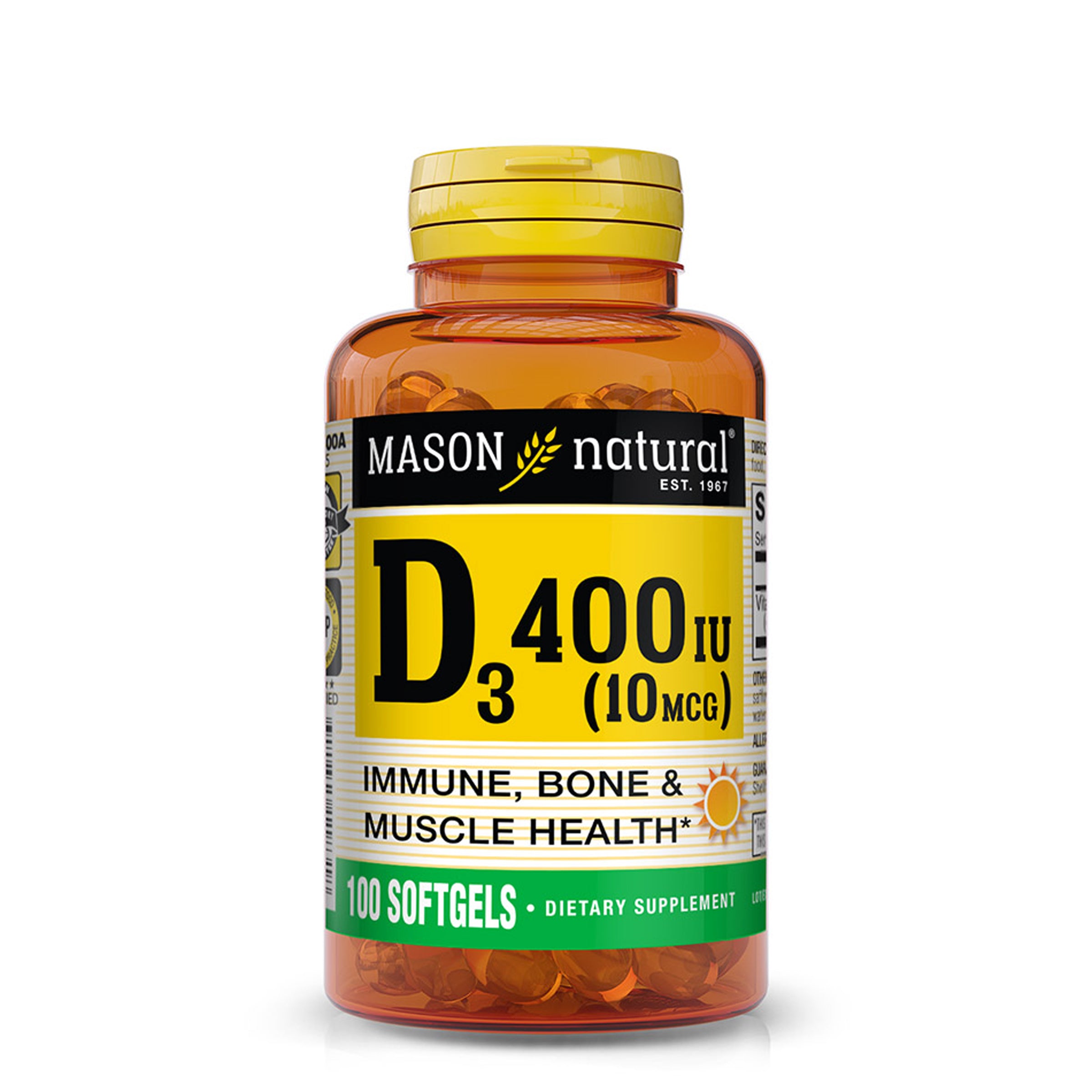 Vitamin D3 10 mcg (400 IU) - Supports Overall Health, Strengthens Bones and Muscles, 100 Softgels