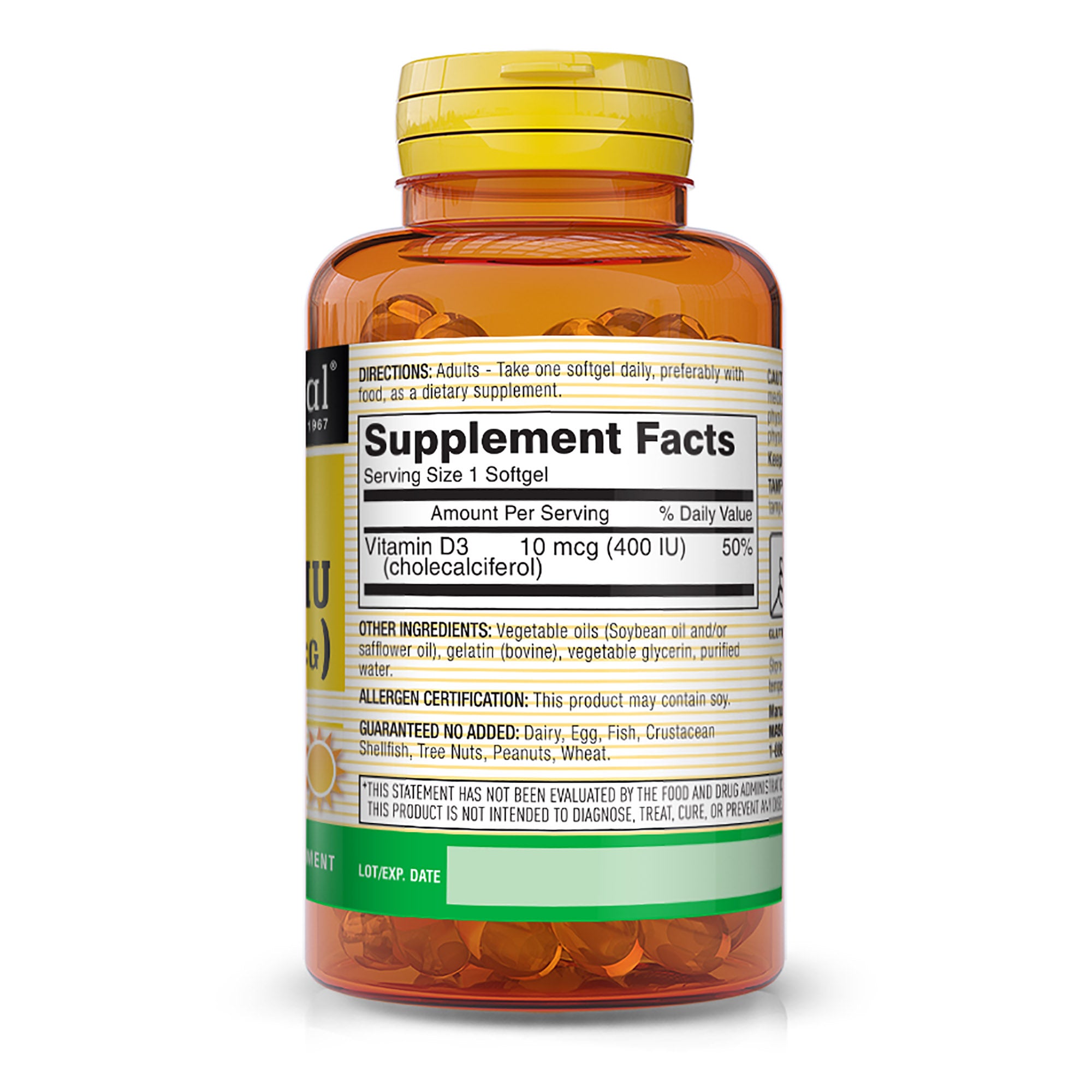 Vitamin D3 10 mcg (400 IU) - Supports Overall Health, Strengthens Bones and Muscles, 100 Softgels
