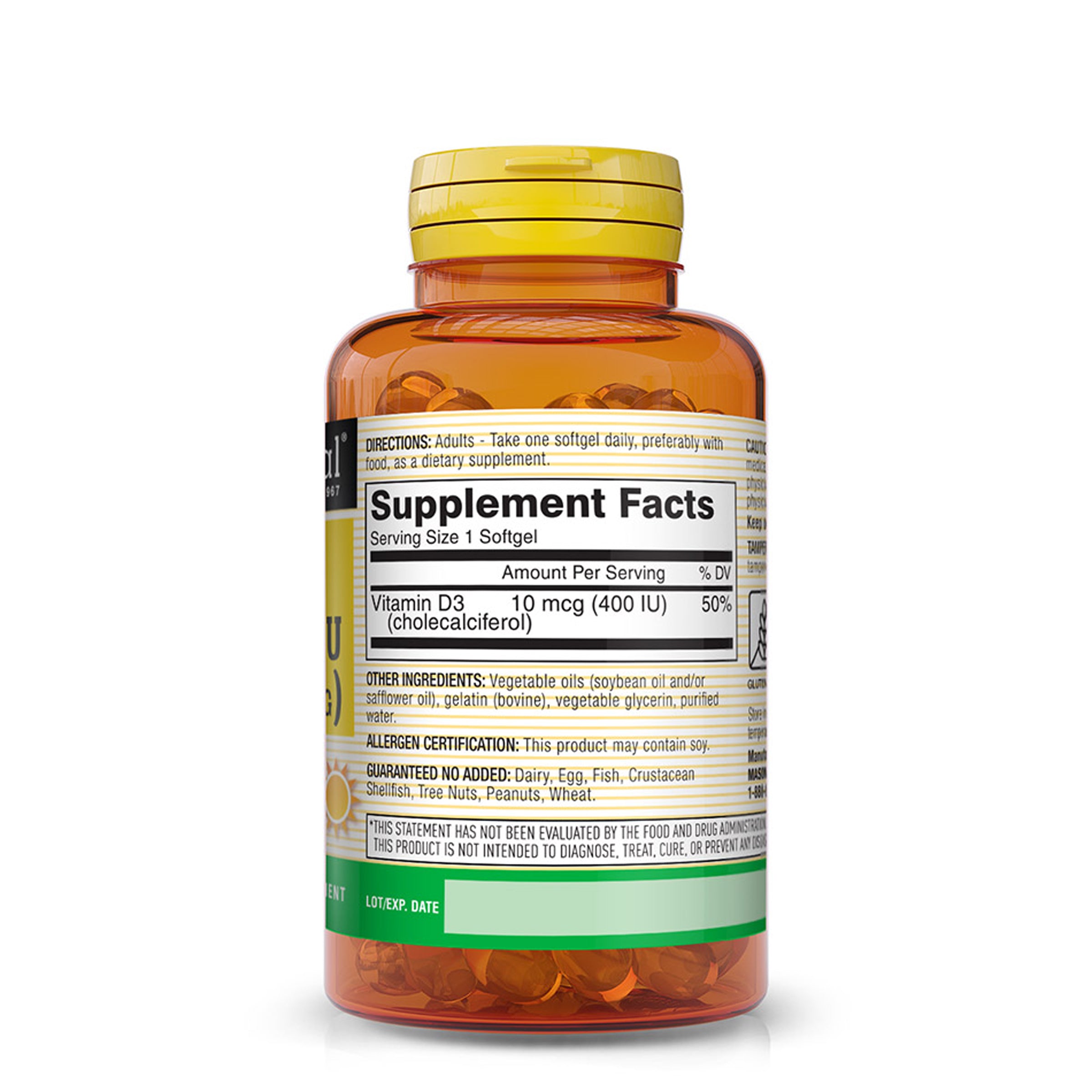 Vitamin D3 10 mcg (400 IU) - Supports Overall Health, Strengthens Bones and Muscles, 100 Softgels