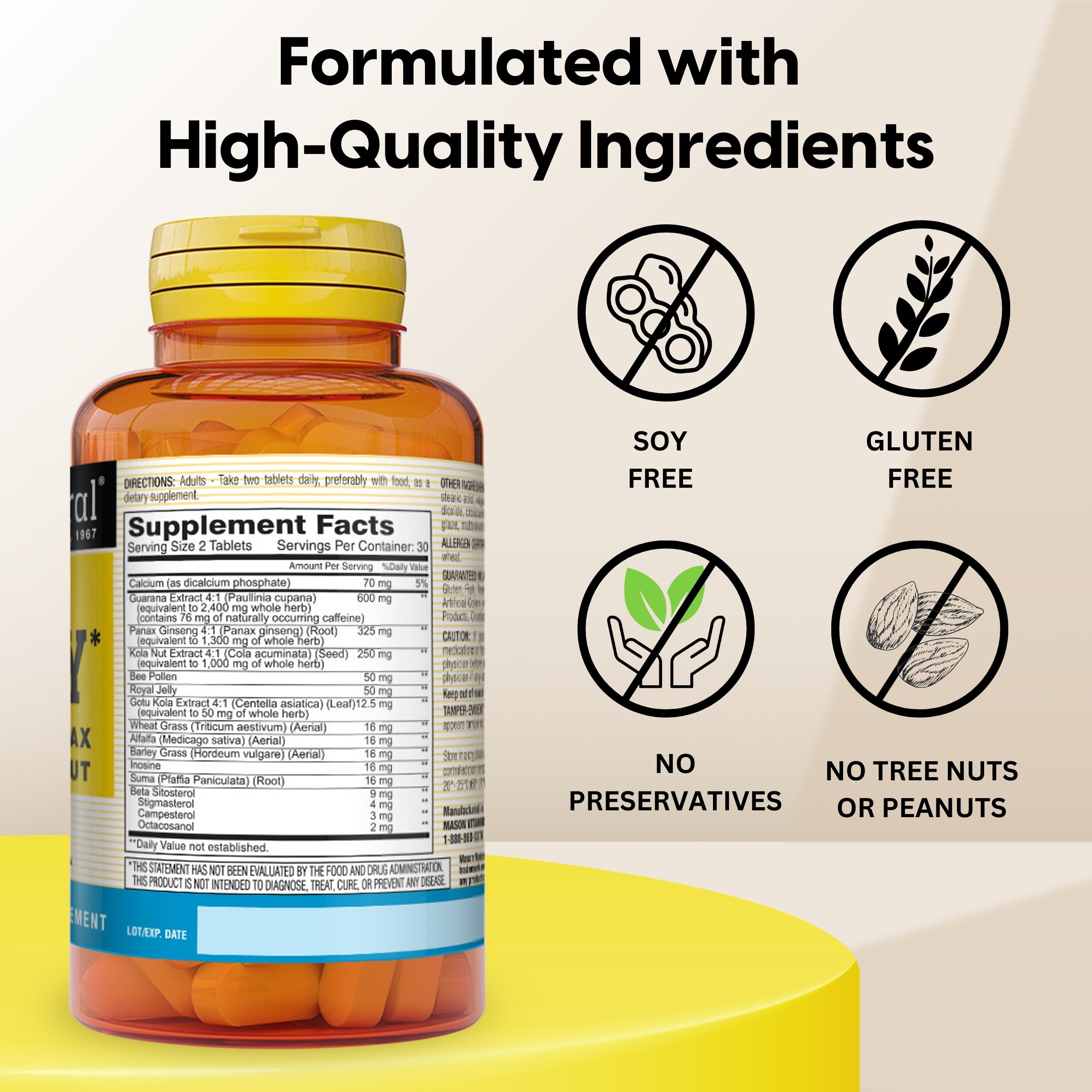 Super Energy with Guarana, Panax Ginseng & Kola Nut - Herbal Complex Formula to Support Optimal Performance & Energy*, 60 Tablets