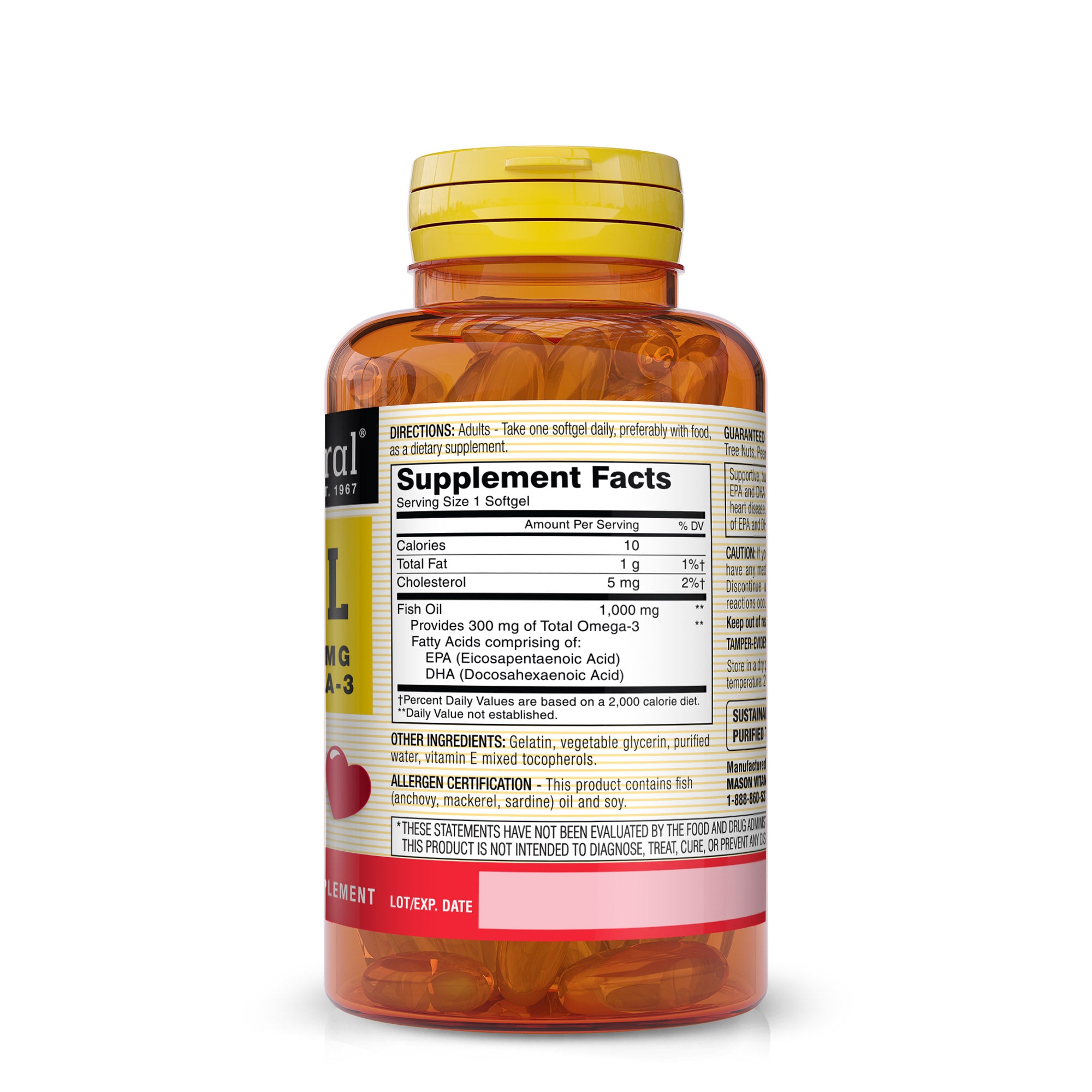 Fish Oil 1,000 mg with 300 mg Omega-3,  Healthy Heart, Supports Circulatory Function, Improved Cardiovascular Health, Softgels