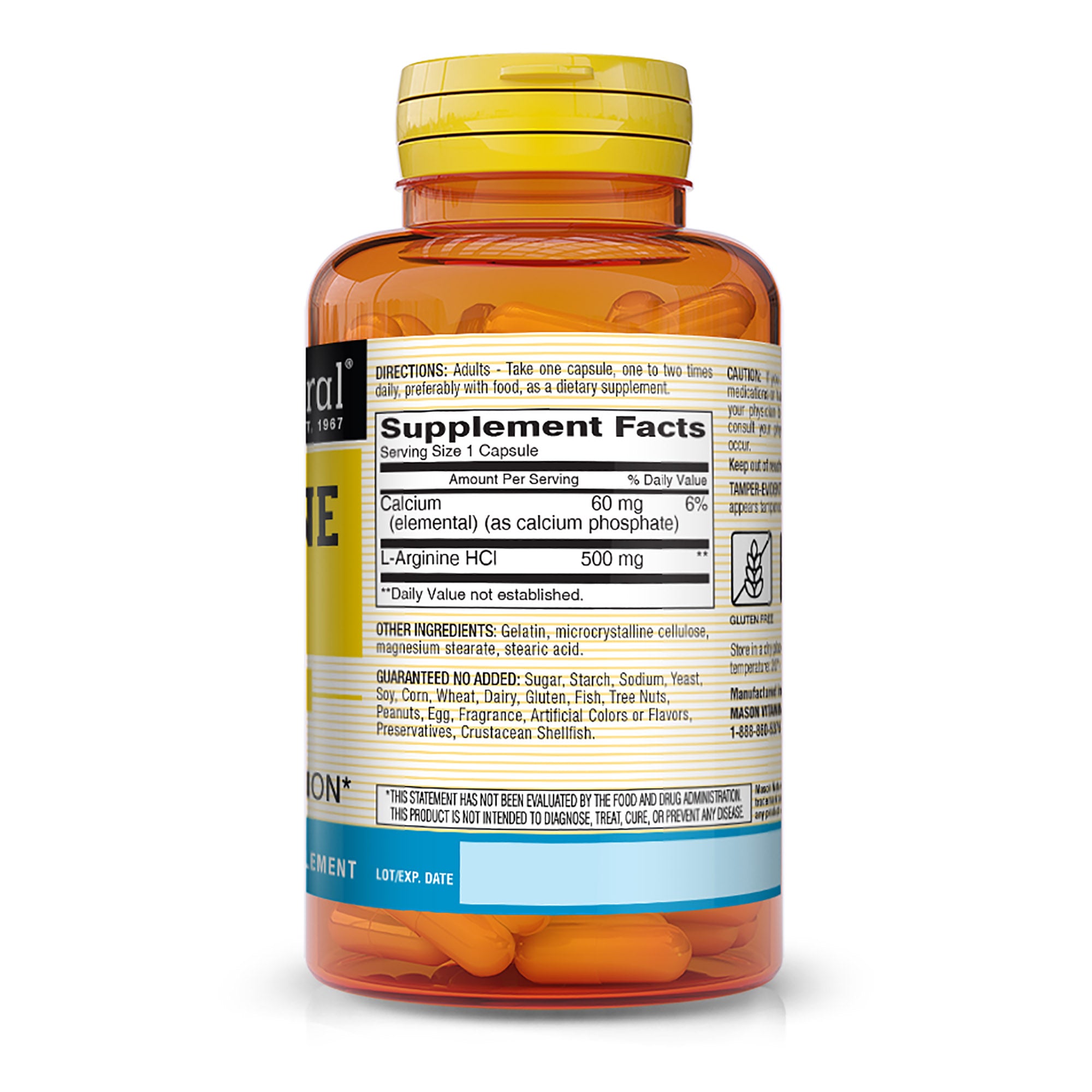 L-Arginine 500 mg with Calcium- Supports Healthy Circulation & Vascular Function, Nitric Oxide Supplement, 60 Capsules