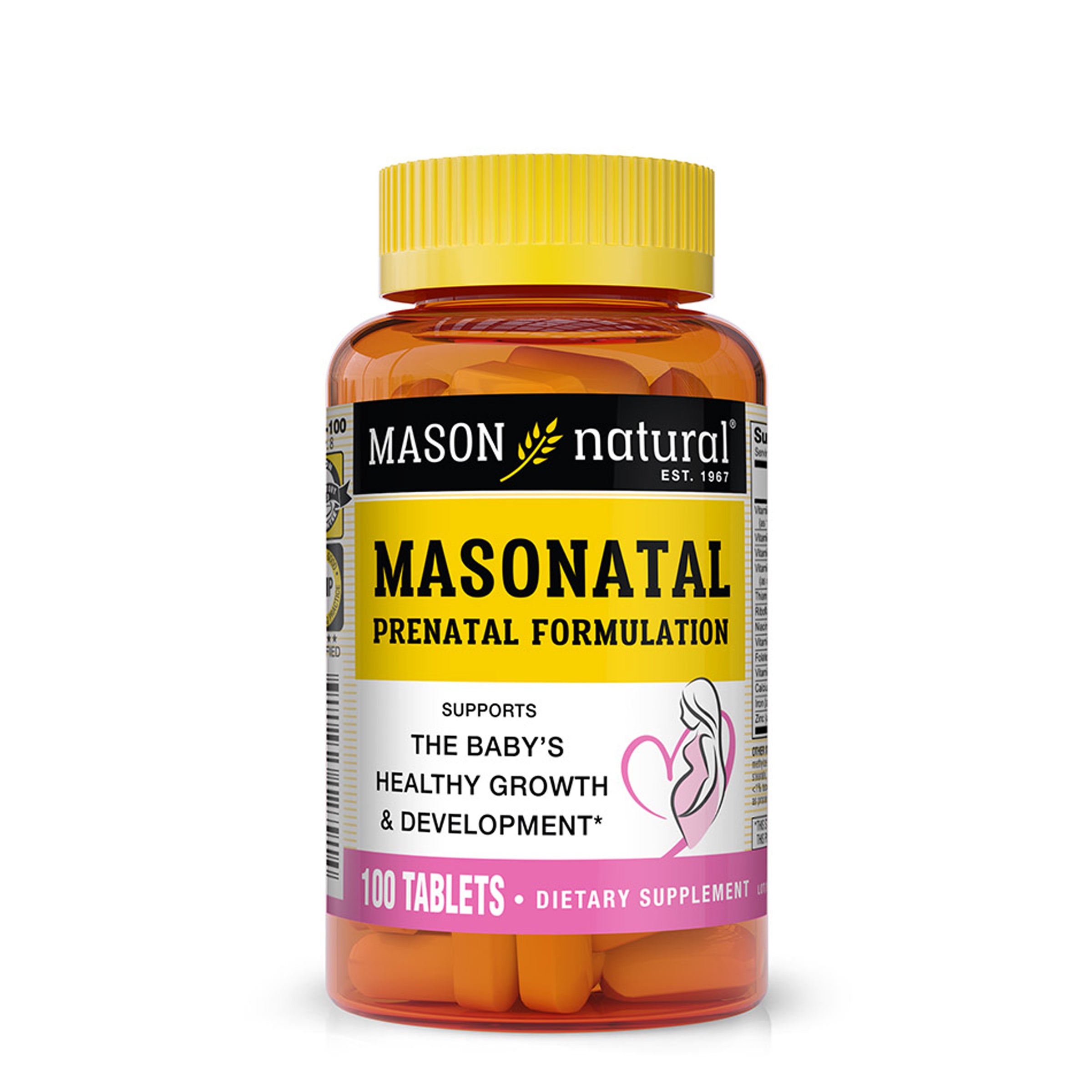 Mason Natural Masonatal Prenatal Formulation, Supports the Baby's Healthy Growth & Development, 100 Tablets. Image of the front of the supplement bottle.