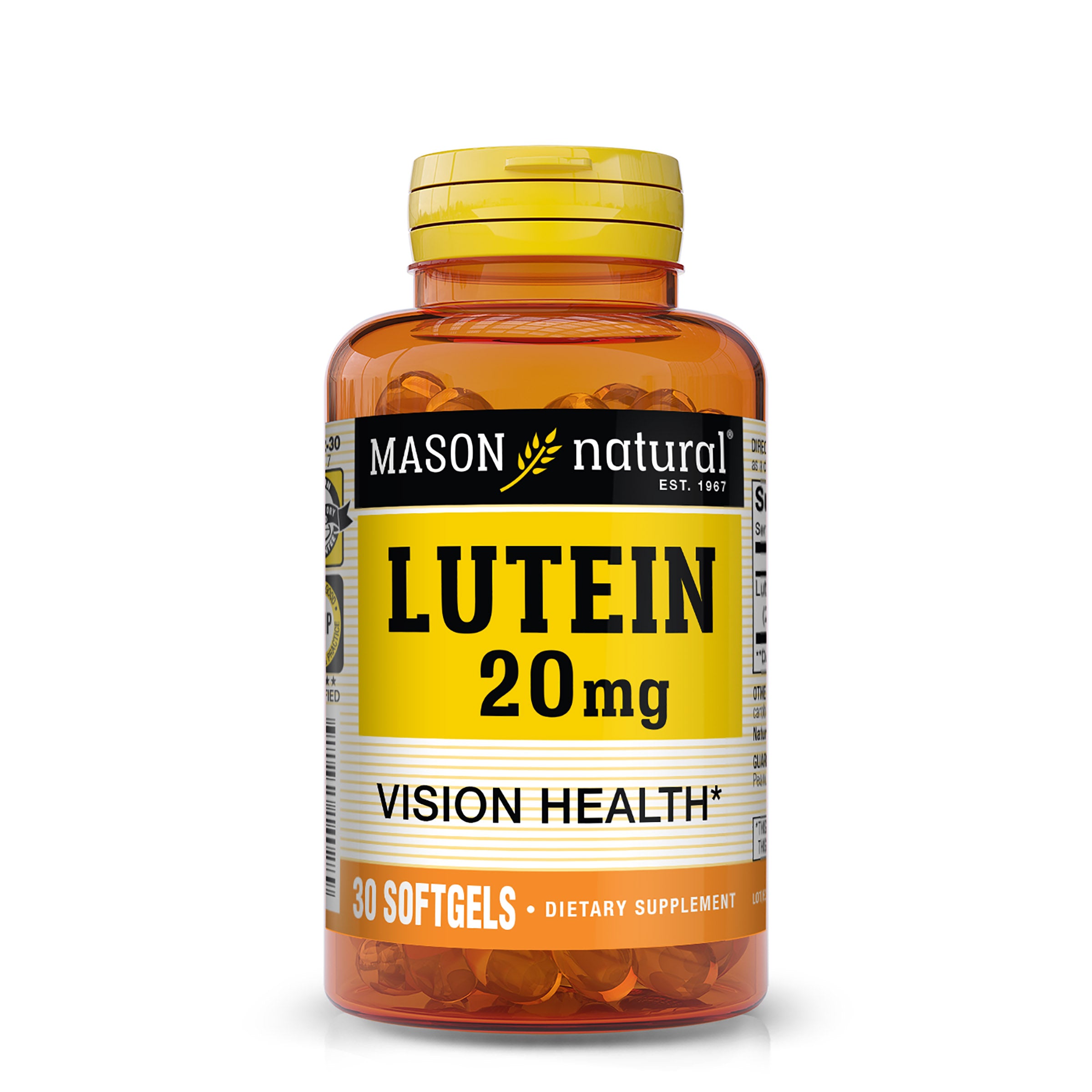 Mason Natural Lutein 20 mg, Supports Vision Health, 30 Softgels. Image of front of supplement bottle.