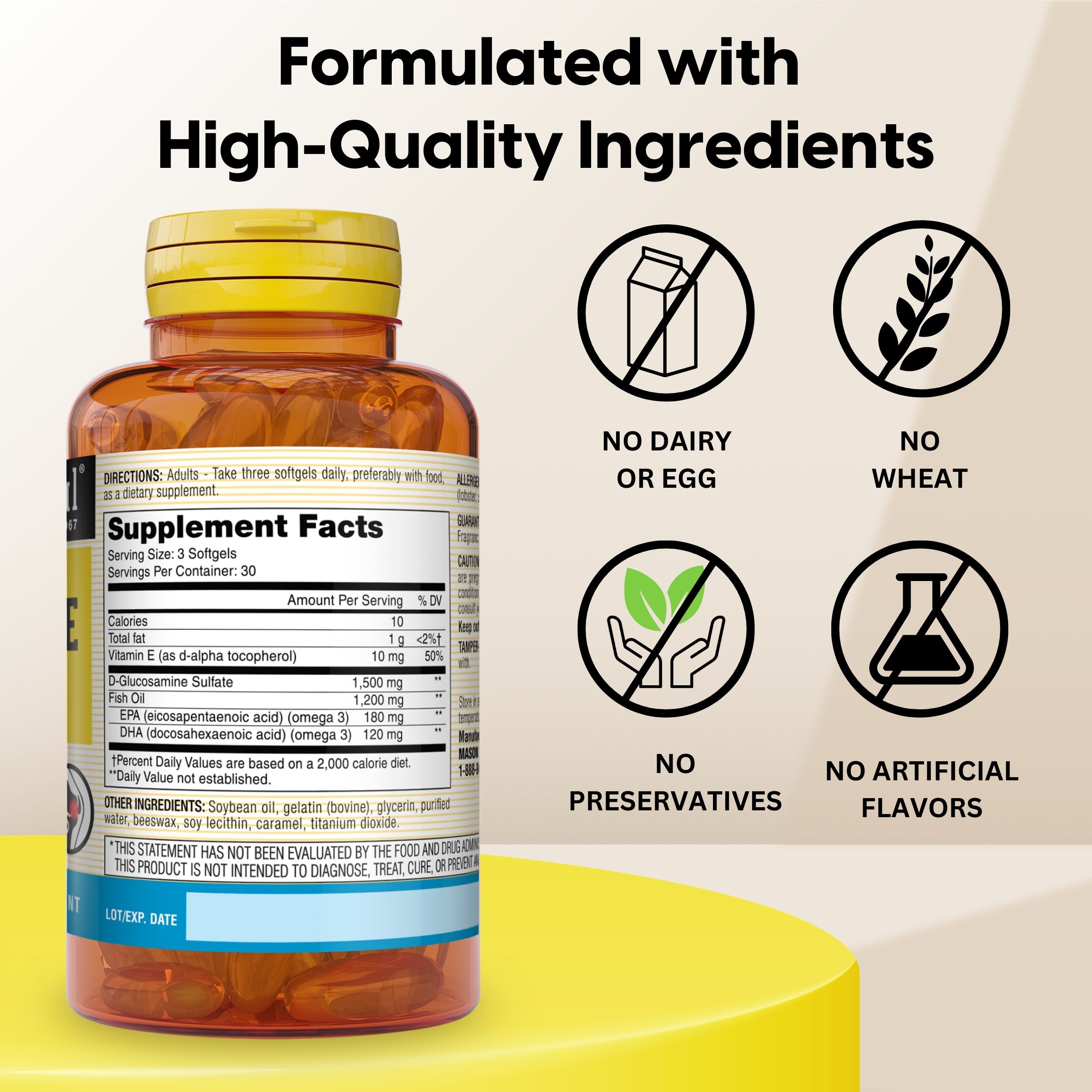 Glucosamine & Fish Oil (DHA and EPA Omega 3) - Healthy Joints and Muscles, Supports Circulatory Function, Improved Cardiovascular Health, 90 Softgels