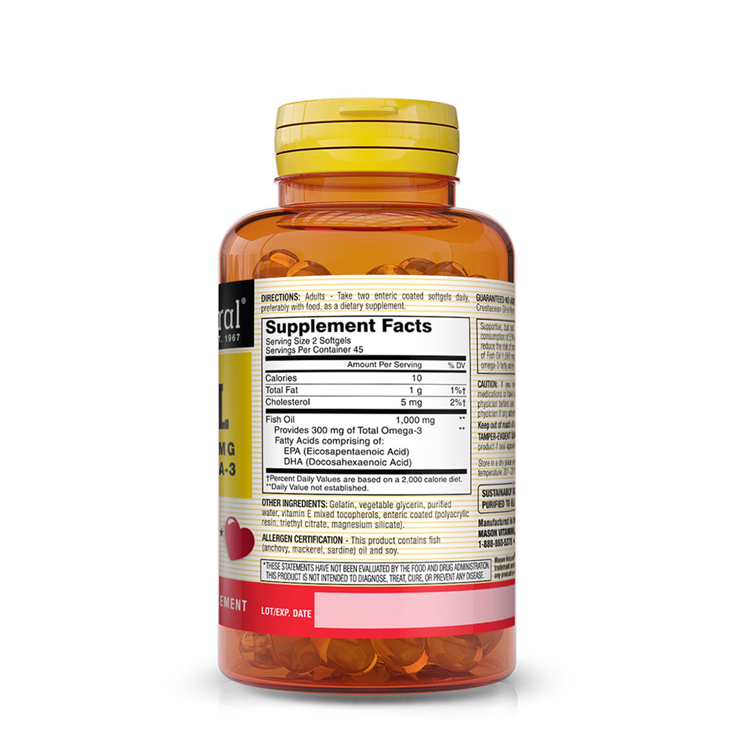 No Burp Fish Oil 1000 mg Omega-3 300 mg - Healthy Heart, Supports Circulatory Function, Improved Cardiovascular Health, 90 Softgels