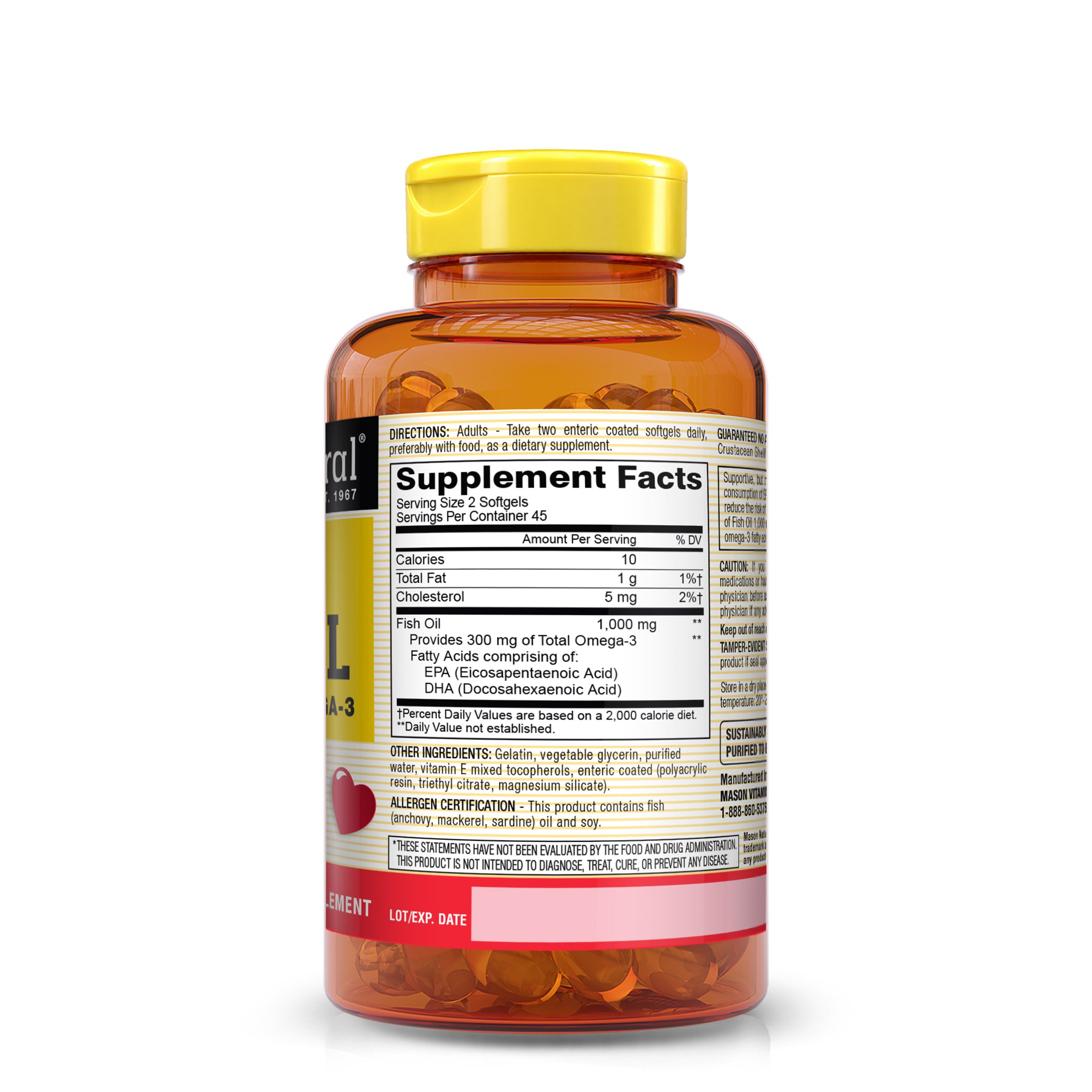 No Burp Fish Oil 1000 mg Omega-3 300 mg - Healthy Heart, Supports Circulatory Function, Improved Cardiovascular Health, 90 Softgels