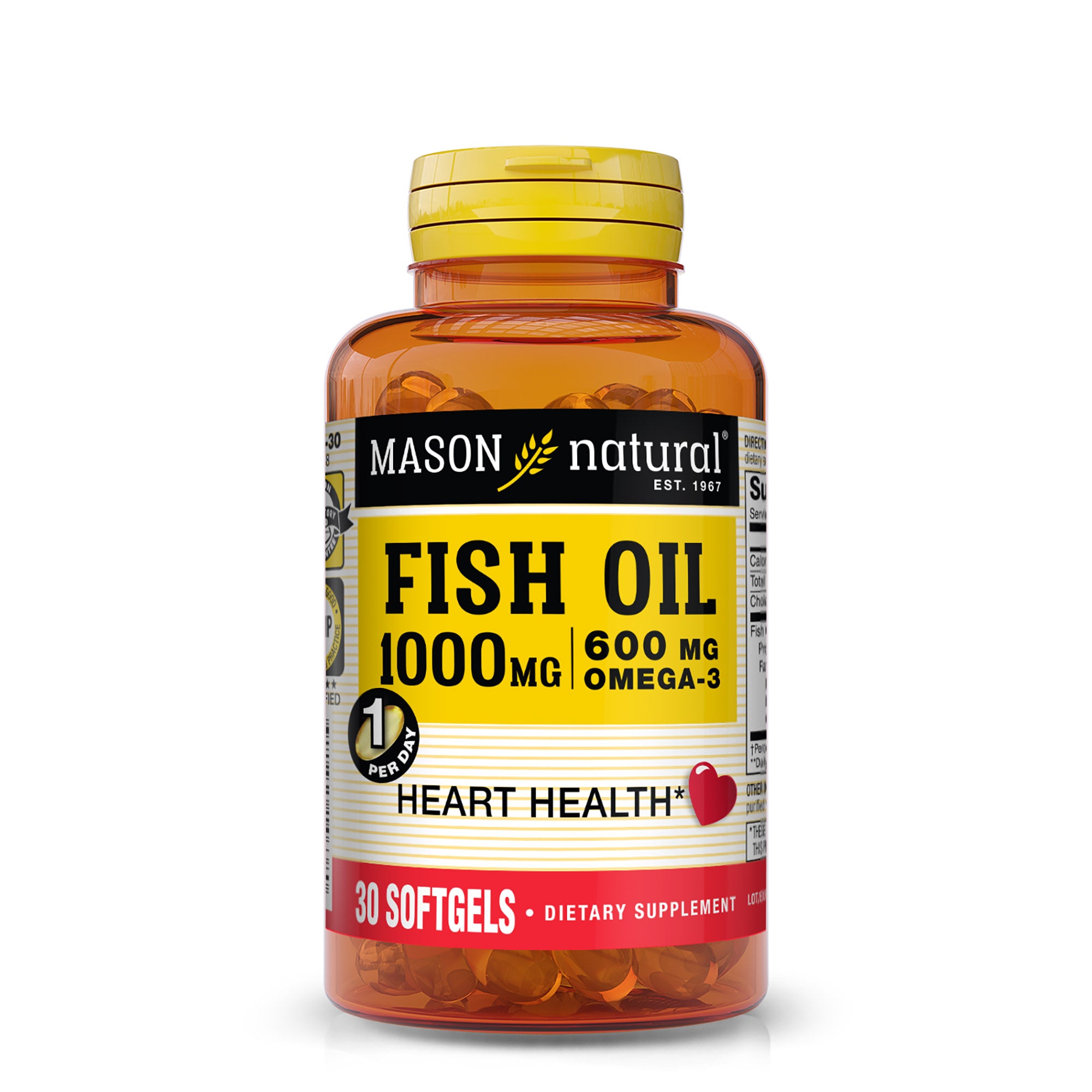 Fish Oil 1,000 mg Omega-3 600 mg - Healthy Heart, Supports Circulatory Function, Improved Cardiovascular Health, 30 Softgels