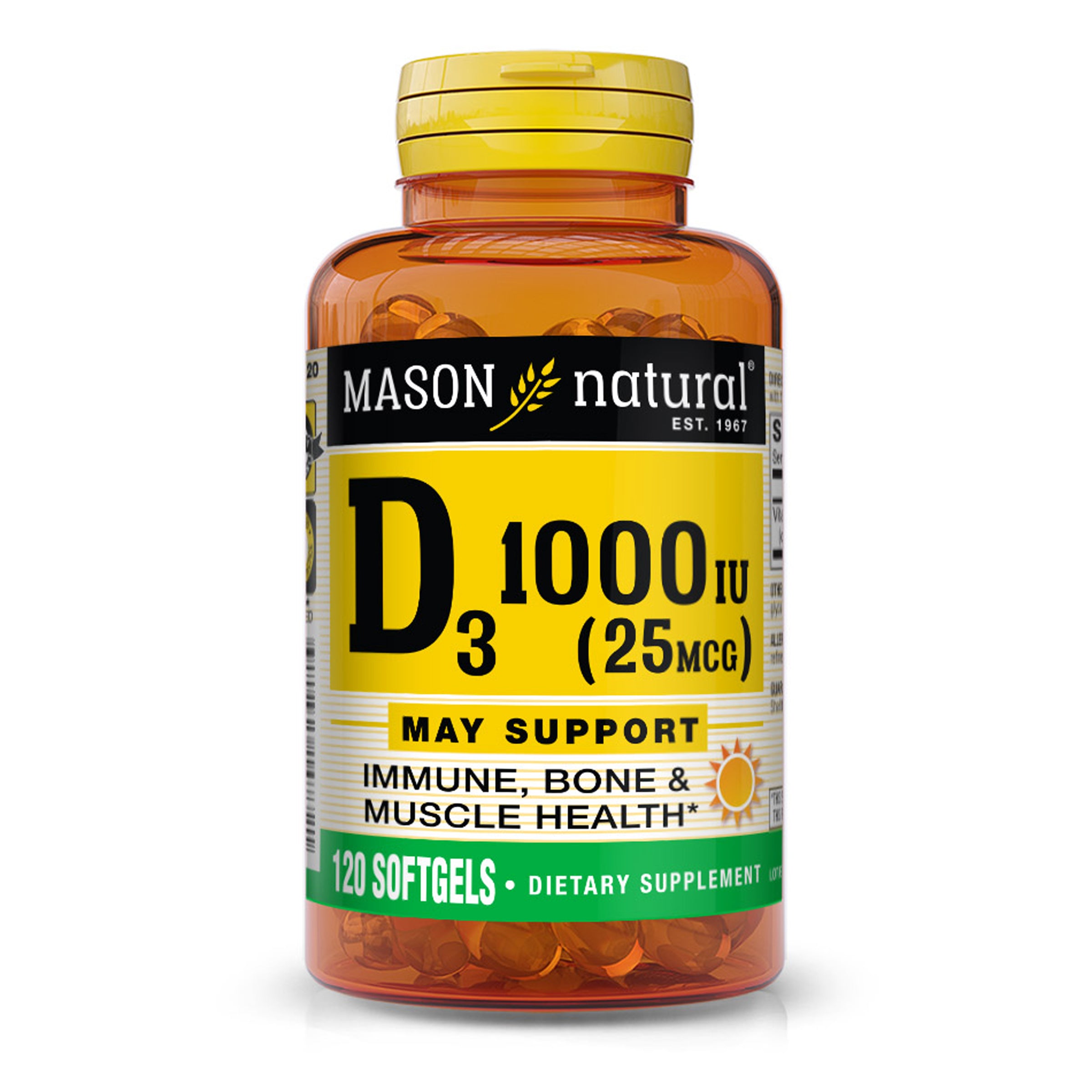 Vitamin D3 25 mcg (1000 IU) - Supports Overall Health, Strengthens Bones and Muscles, from Fish Liver Oil, Softgels