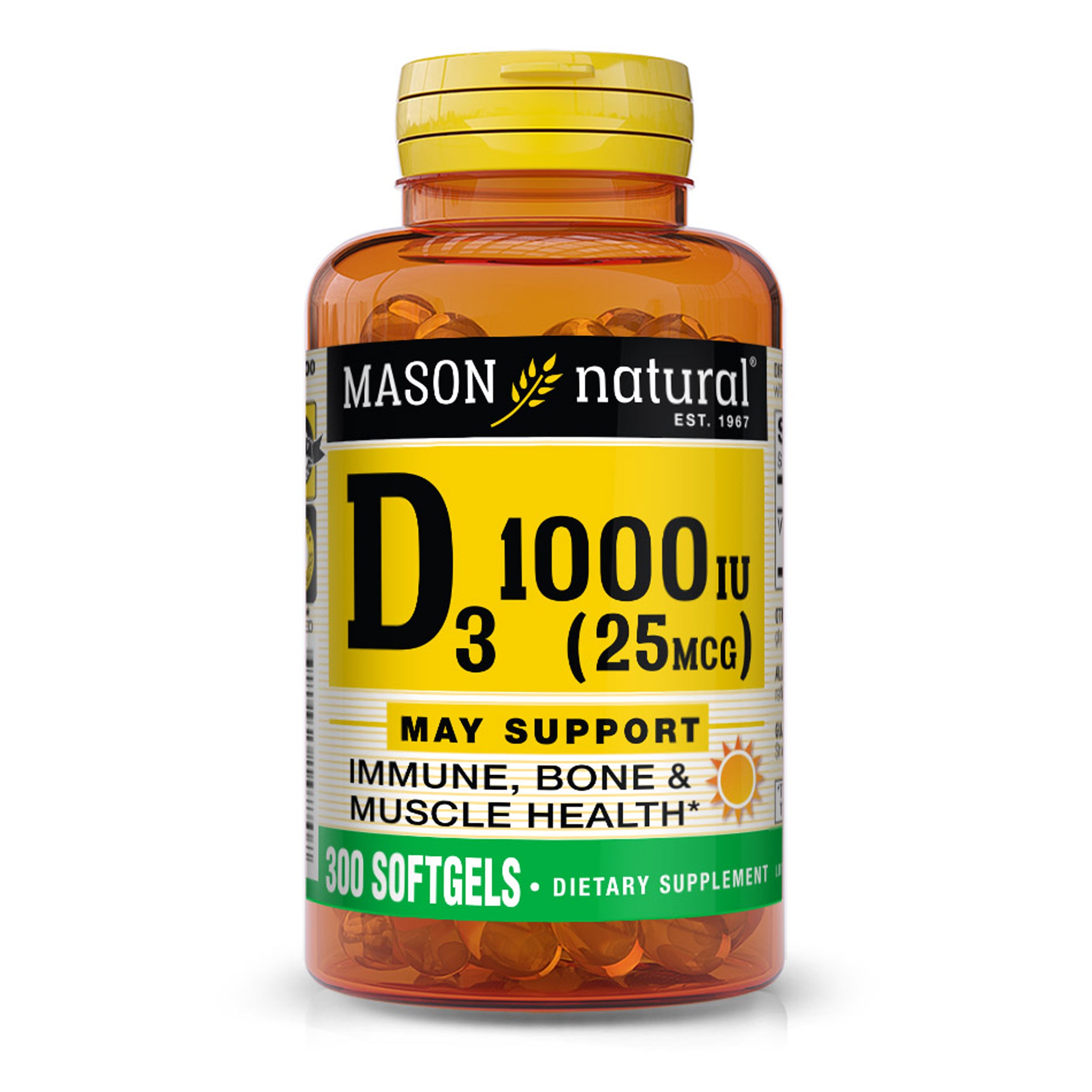Vitamin D3 25 mcg (1000 IU) - Supports Overall Health, Strengthens Bones and Muscles, from Fish Liver Oil, Softgels
