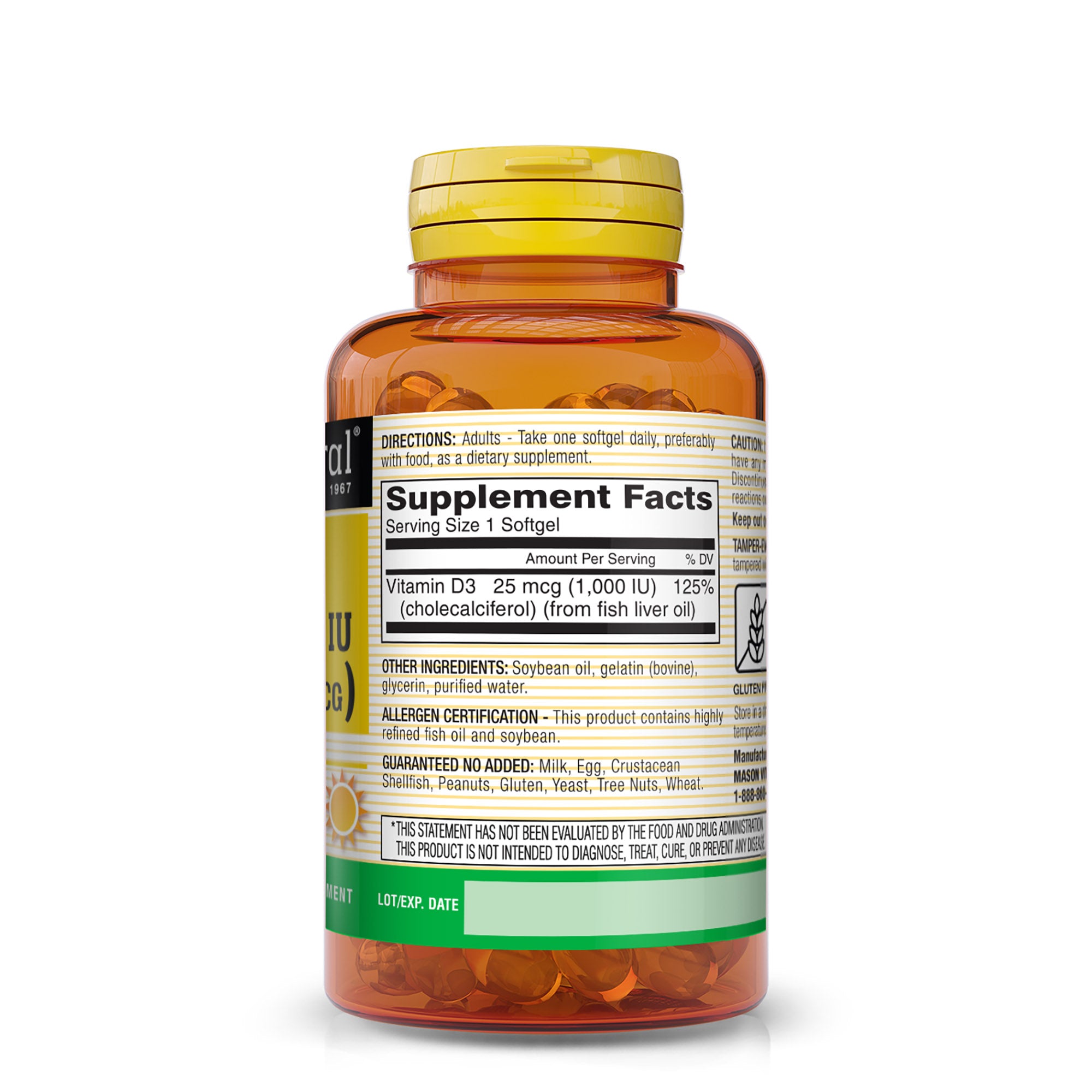 Vitamin D3 25 mcg (1000 IU) - Supports Overall Health, Strengthens Bones and Muscles, from Fish Liver Oil, Softgels