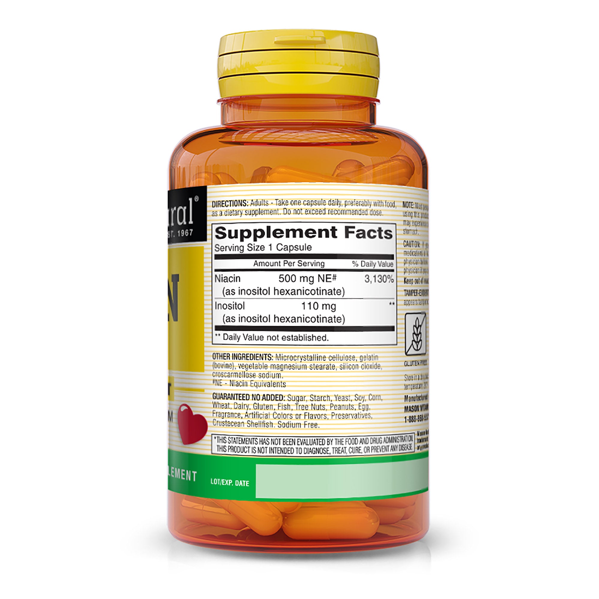 Niacin 500 mg Flush Free - Supports Healthy Nervous System and Heart, Improved Energy Production, 60 Capsules