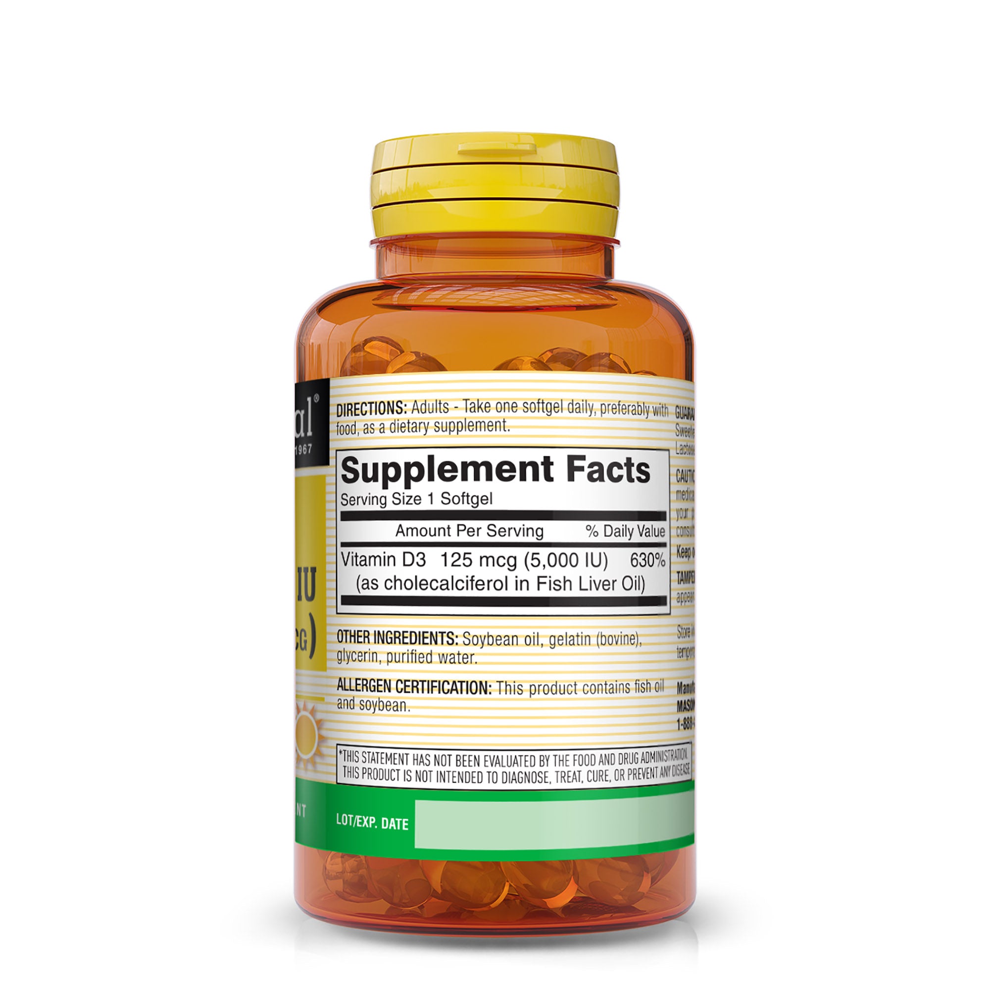 Vitamin D3 125 mcg (5000 IU) - Supports Overall Health, Strengthens Bones and Muscles, from Fish Liver Oil, Softgels