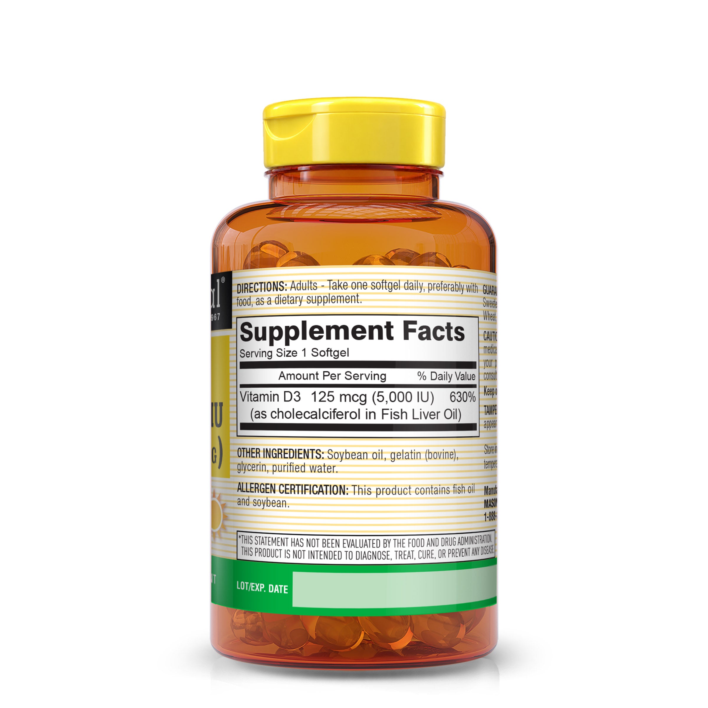 Vitamin D3 125 mcg (5000 IU) - Supports Overall Health, Strengthens Bones and Muscles, from Fish Liver Oil, Softgels