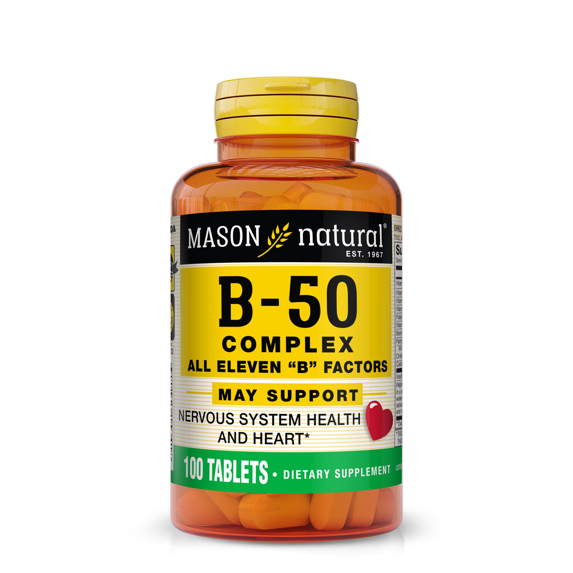 Vitamin B 50 Complex All Eleven "B" Factors - Supports Heart and Nervous System Health, Essential Nutrient Supplement, 100 Tablets