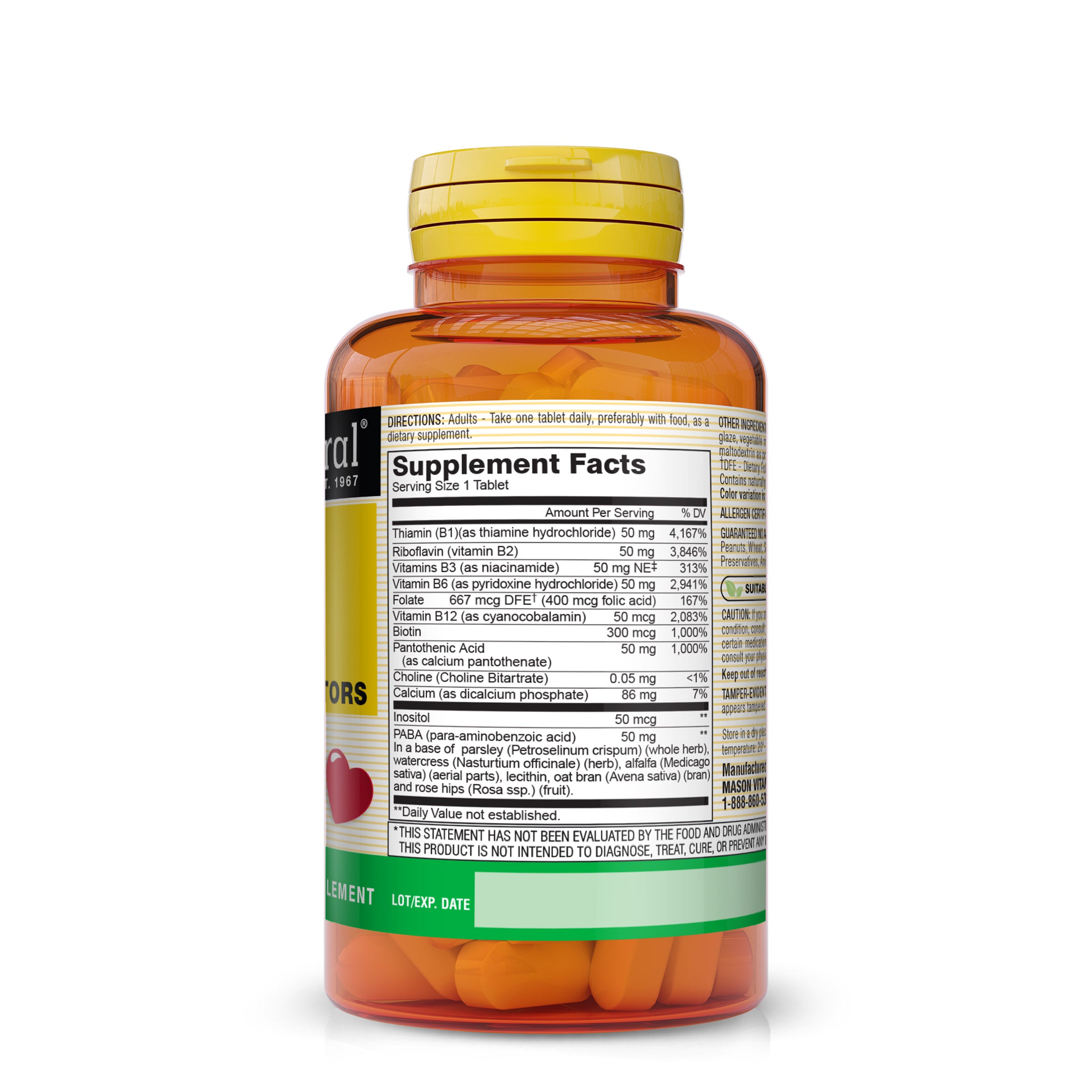 Vitamin B 50 Complex All Eleven "B" Factors - Supports Heart and Nervous System Health, Essential Nutrient Supplement, 100 Tablets