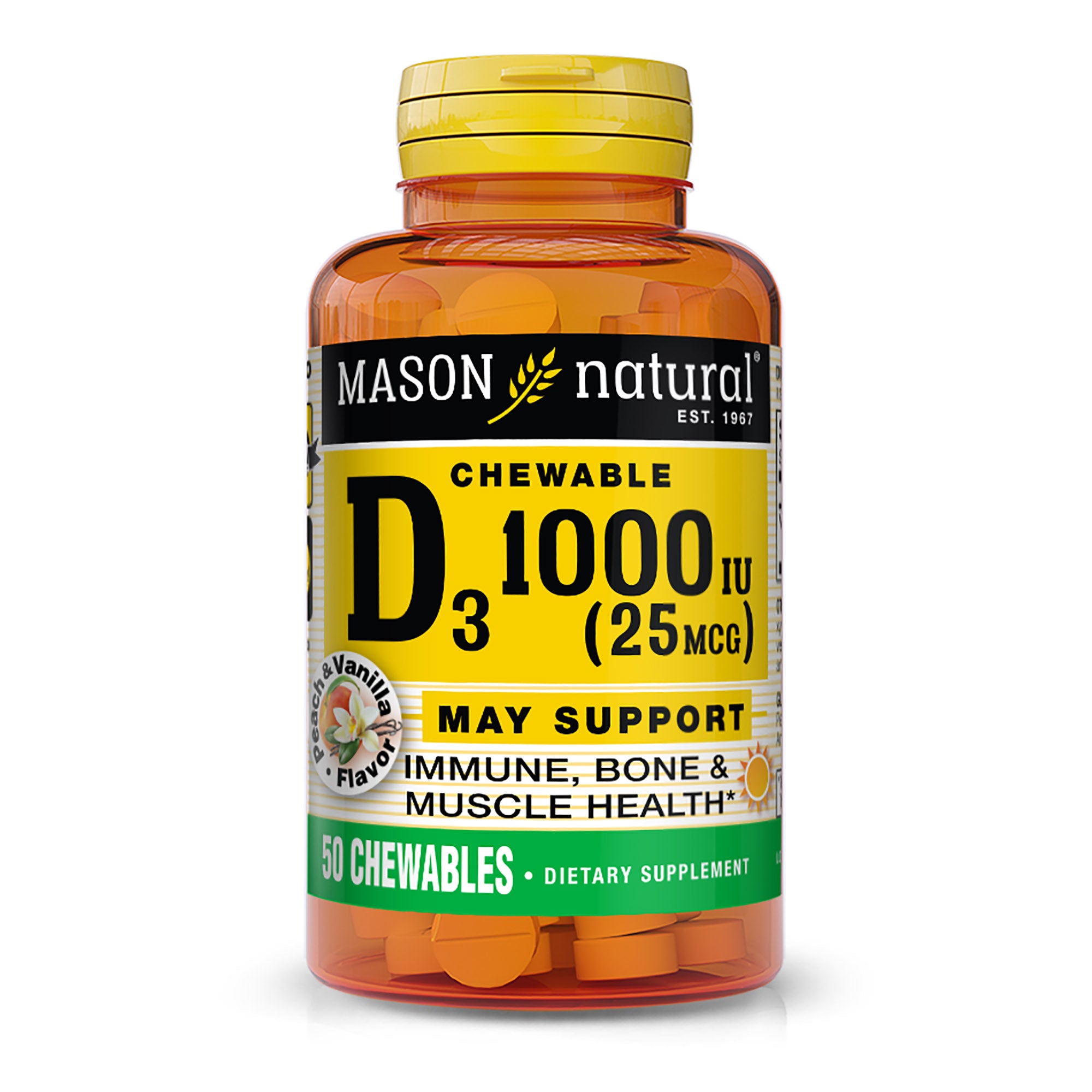 Vitamin D3 25 mcg (1000 IU) - Supports Overall Health, Strengthens Bones and Muscles, Peach Vanilla Flavor, 50 Chewables
