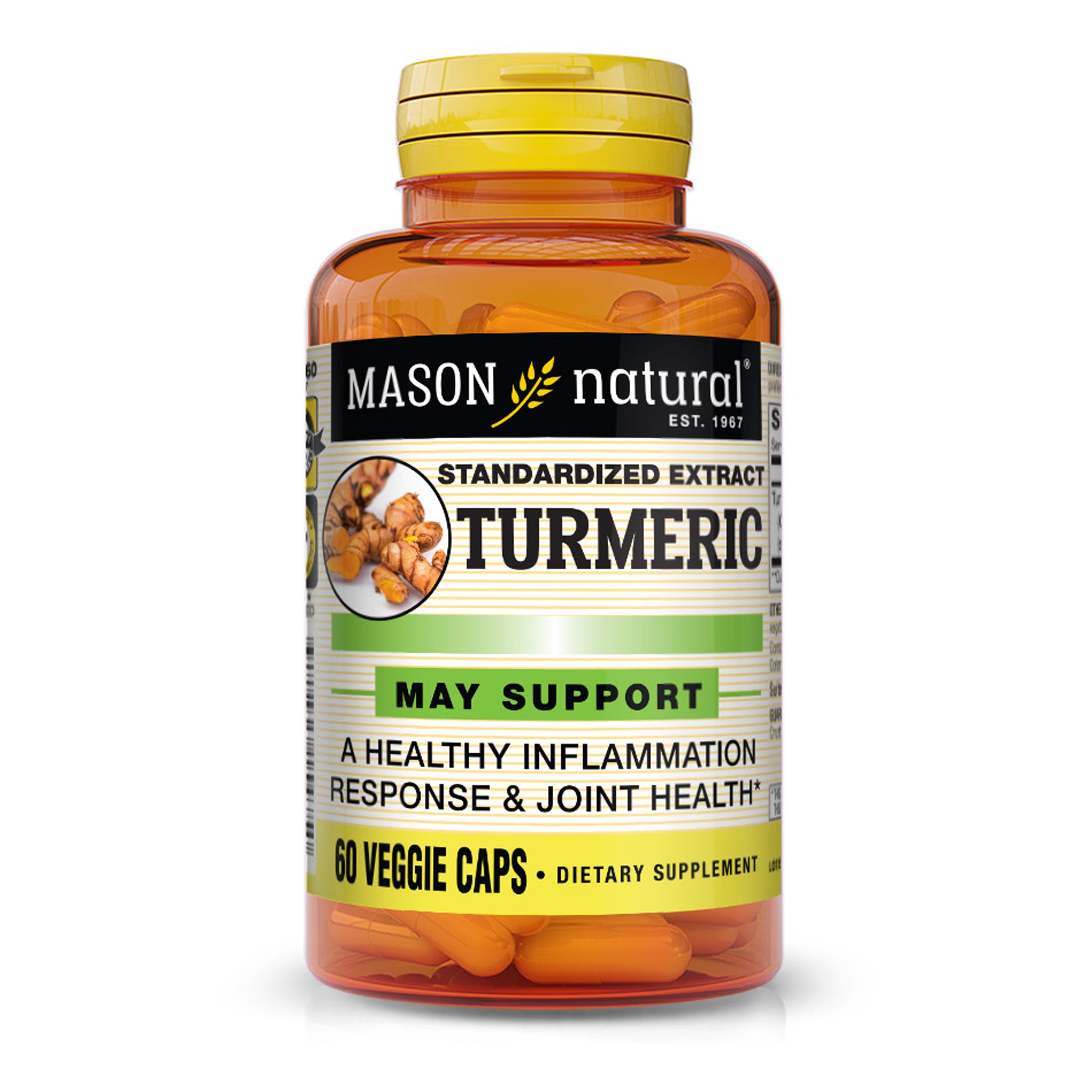 Image of the front of the Mason Natural  Turmeric veggie caps supplement bottle. 
