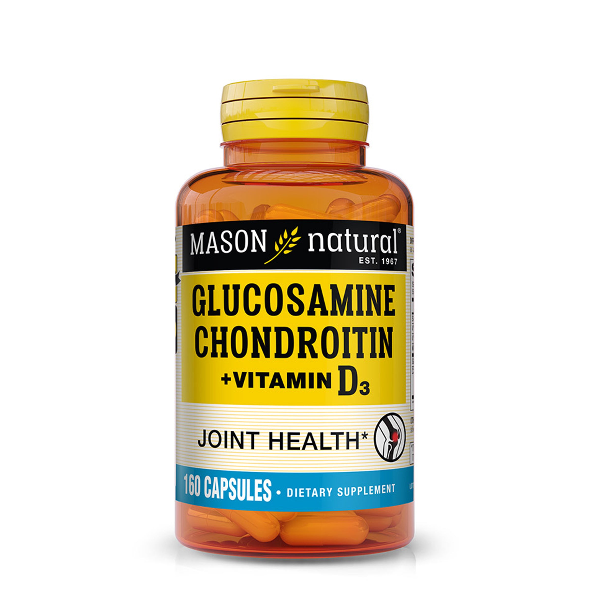 Image of the front of the Mason Natural Glucosamine Chondroitin plus Vitamin D3 supplement bottle. 