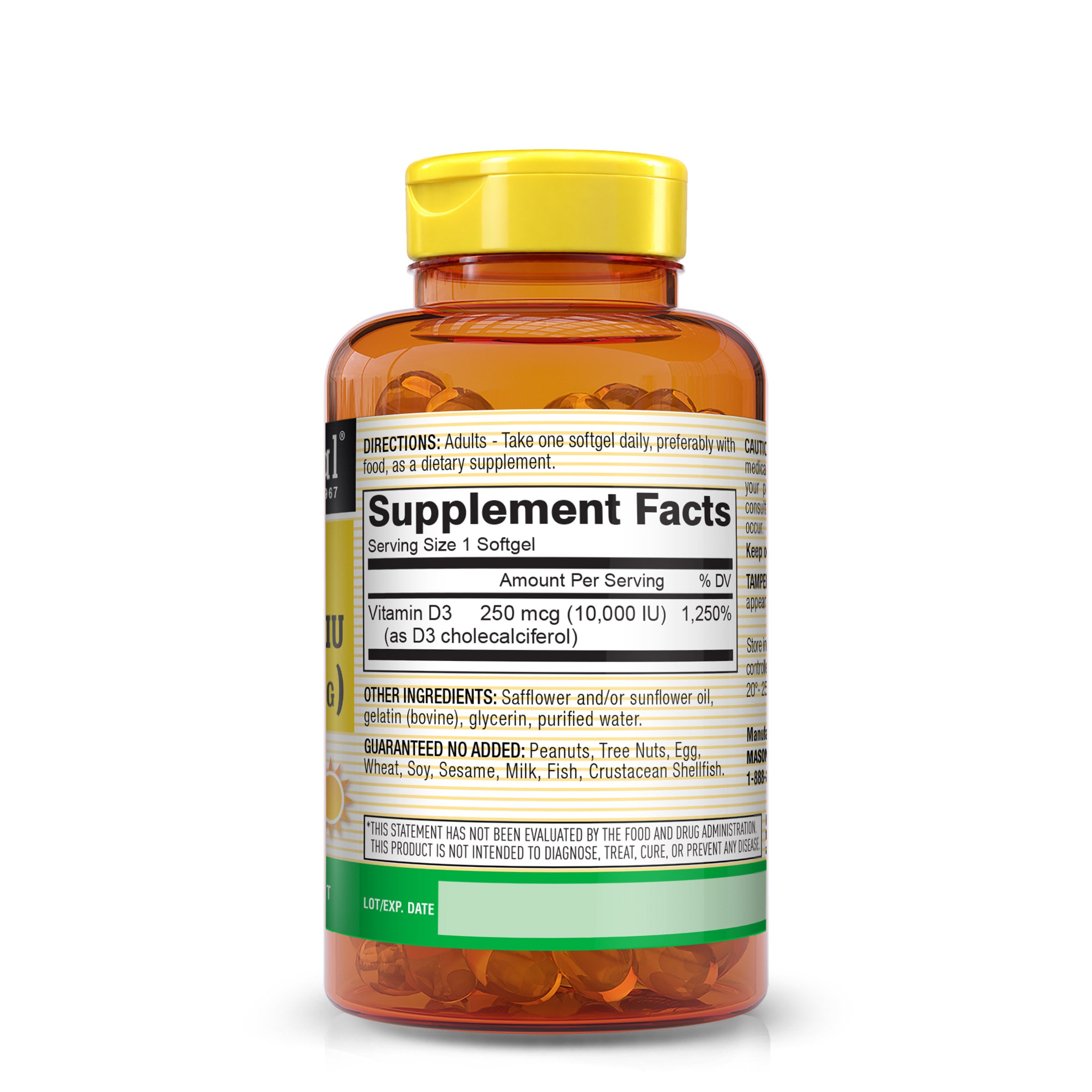 Vitamin D3 250 mcg (10000 IU) - Supports Overall Health, Strengthens Bones and Muscles, from Corn Oil, Soft gels