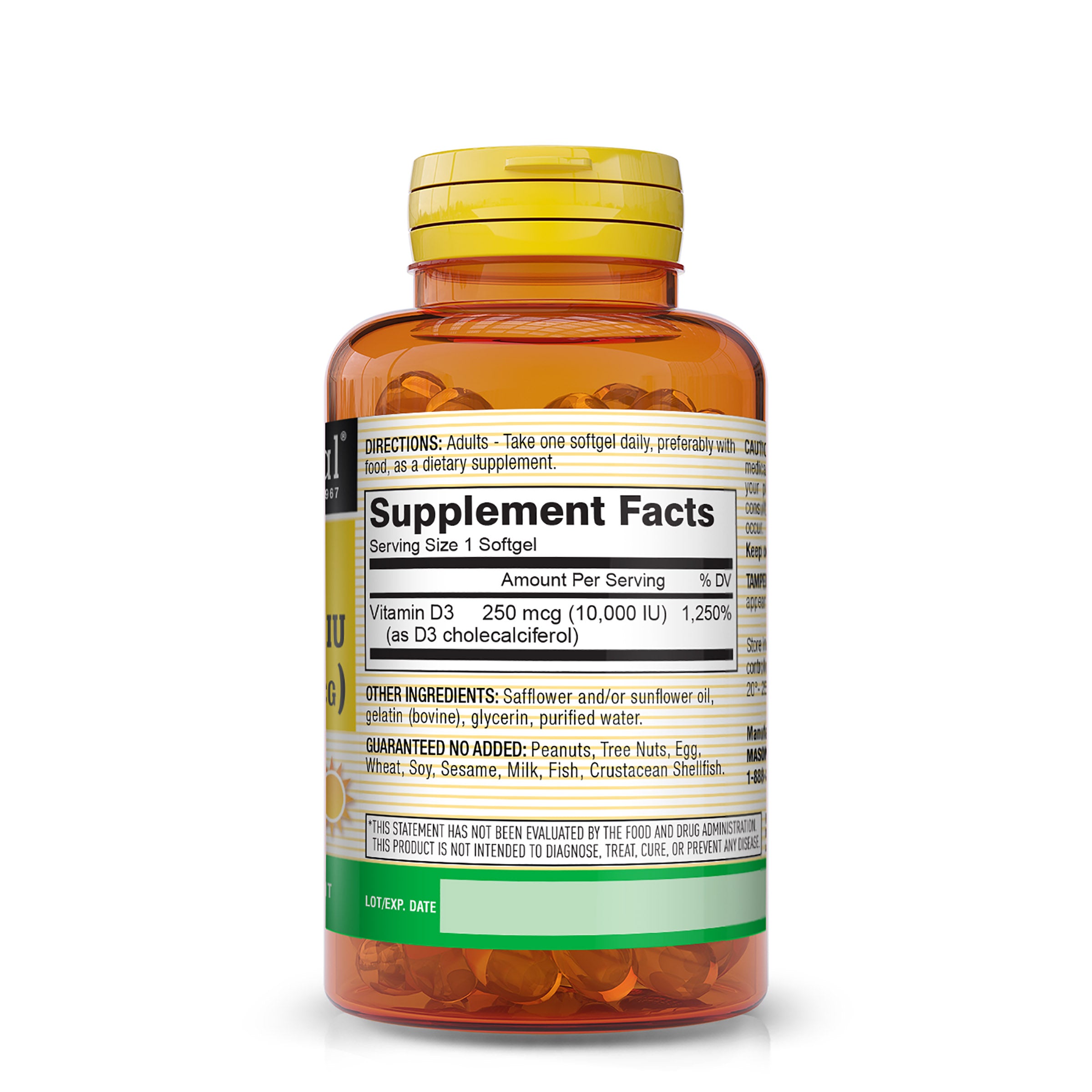 Vitamin D3 250 mcg (10000 IU) - Supports Overall Health, Strengthens Bones and Muscles, from Corn Oil, Soft gels