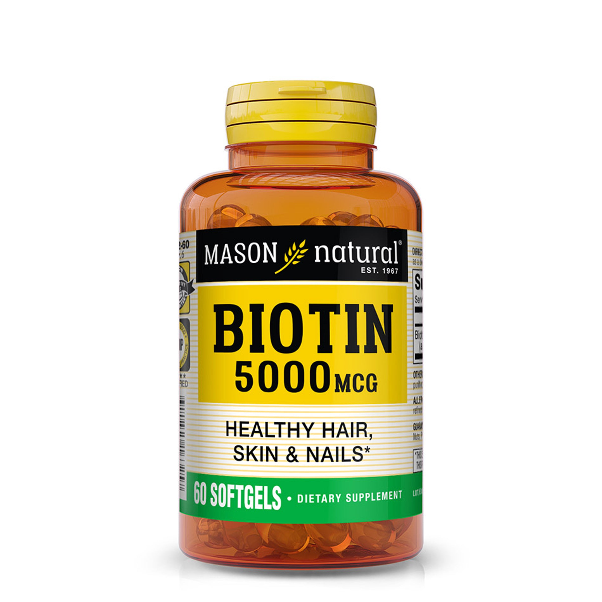 Mason Natural Biotin 5000 mcg, Supports Healthy Hair, Skin & Nails, 60 Softgels. Image of front of supplement bottle.