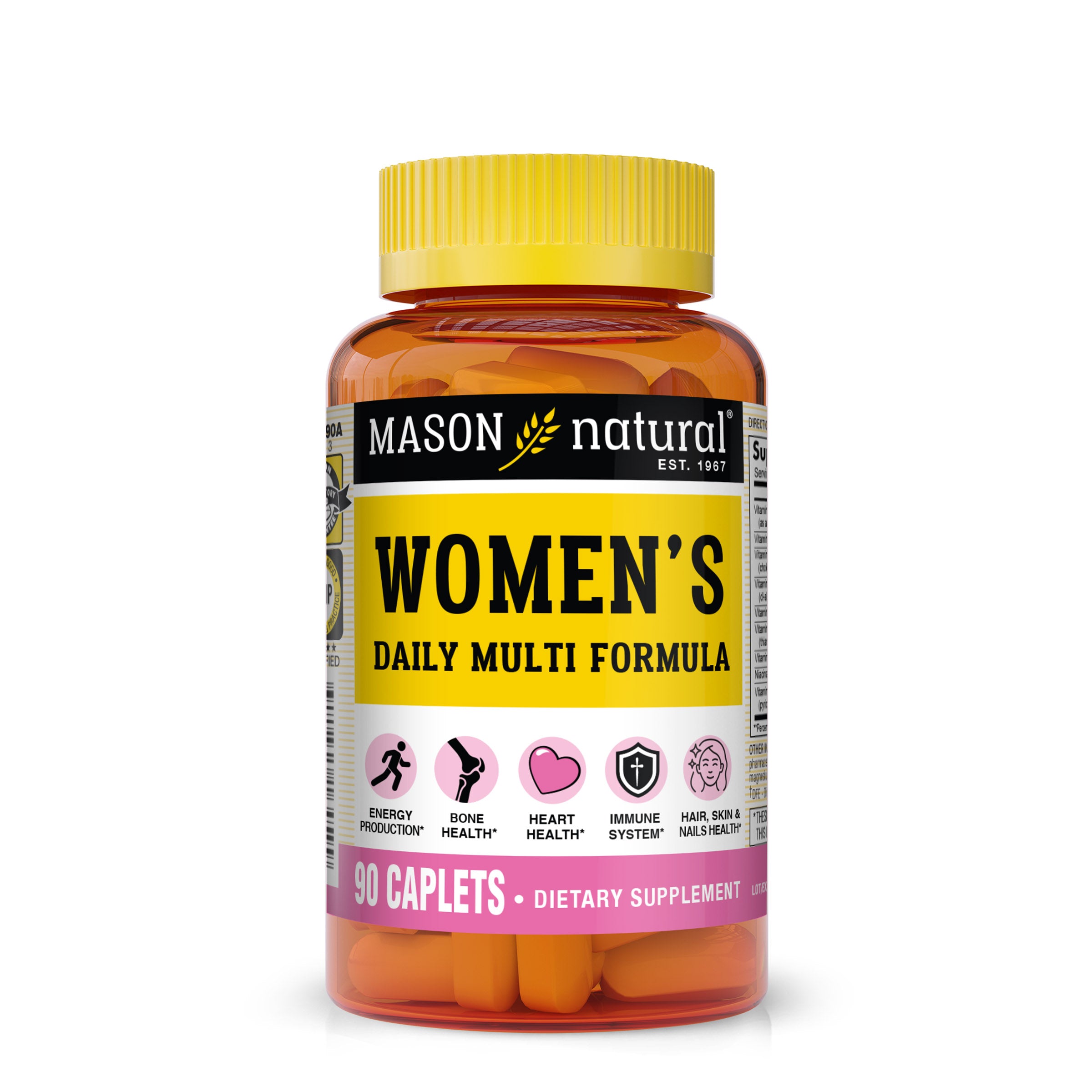 Image of the side of the Mason Natural Women's Daily Multi Formula 90 caplets supplement bottle. 