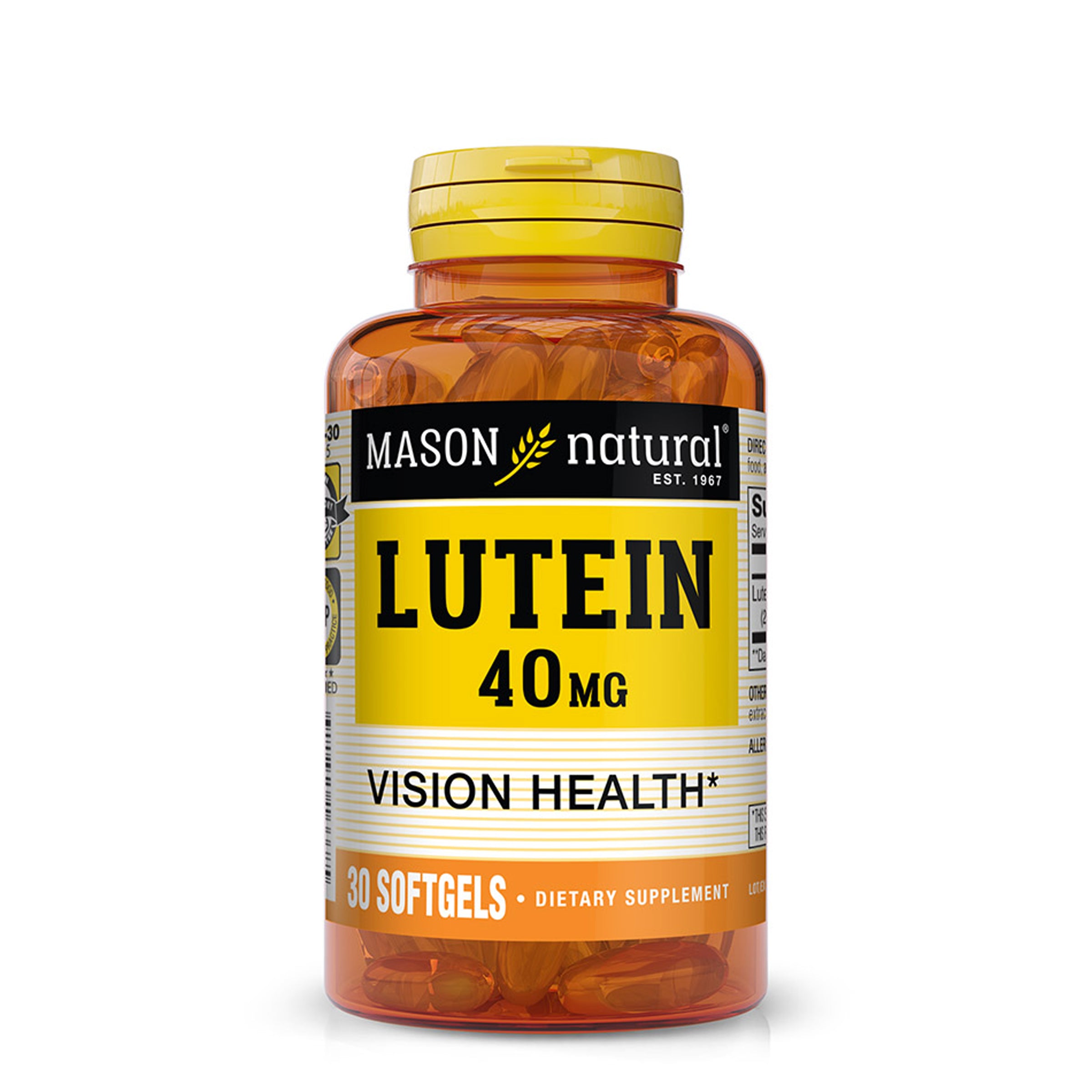 Image of the front of the Mason Natural Lutein 40mg softgel supplement bottle. 