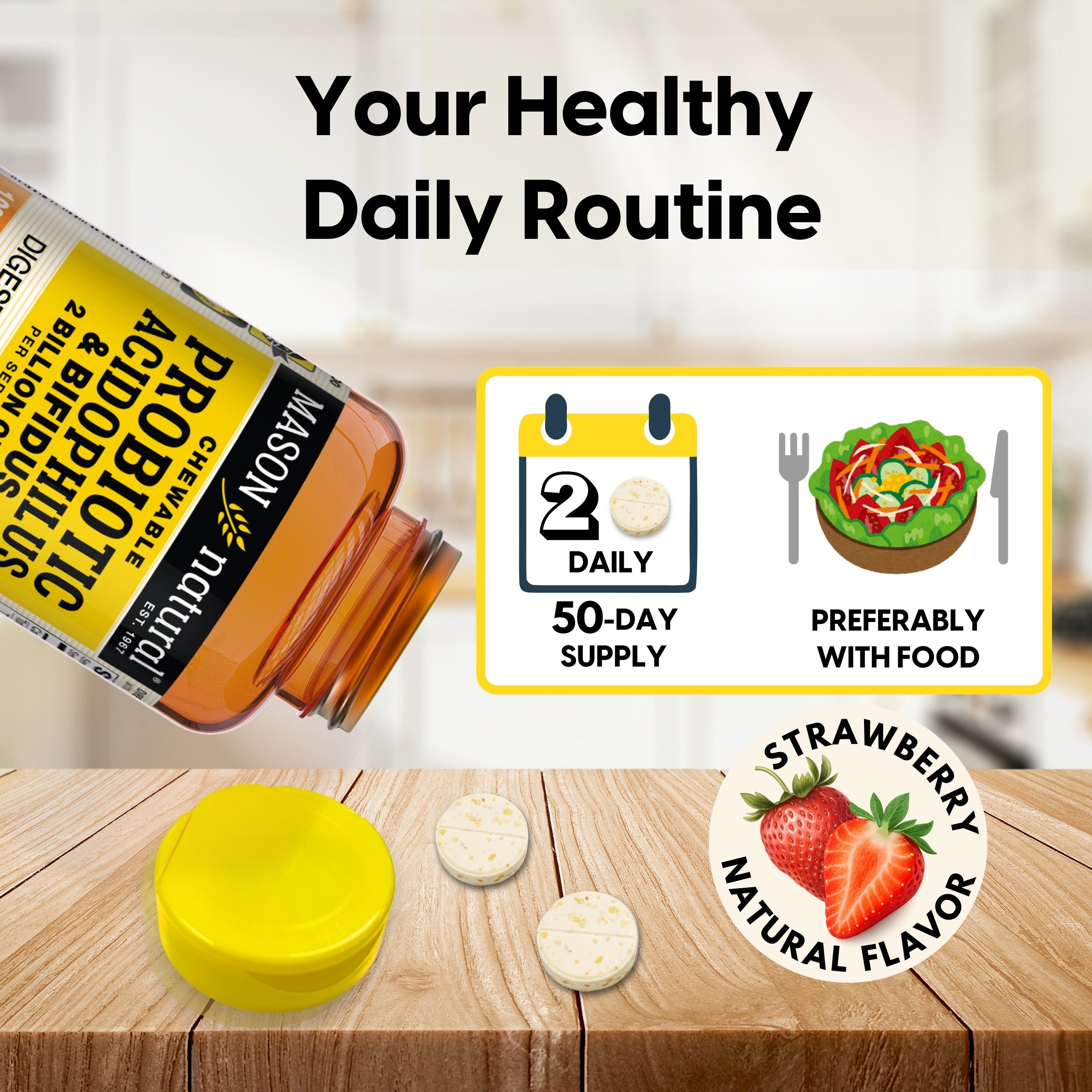 Chewable Probiotic Acidophilus & Bifidus – 2 Billion CFU – Digestive Support – 100 Wafers – Strawberry Flavor