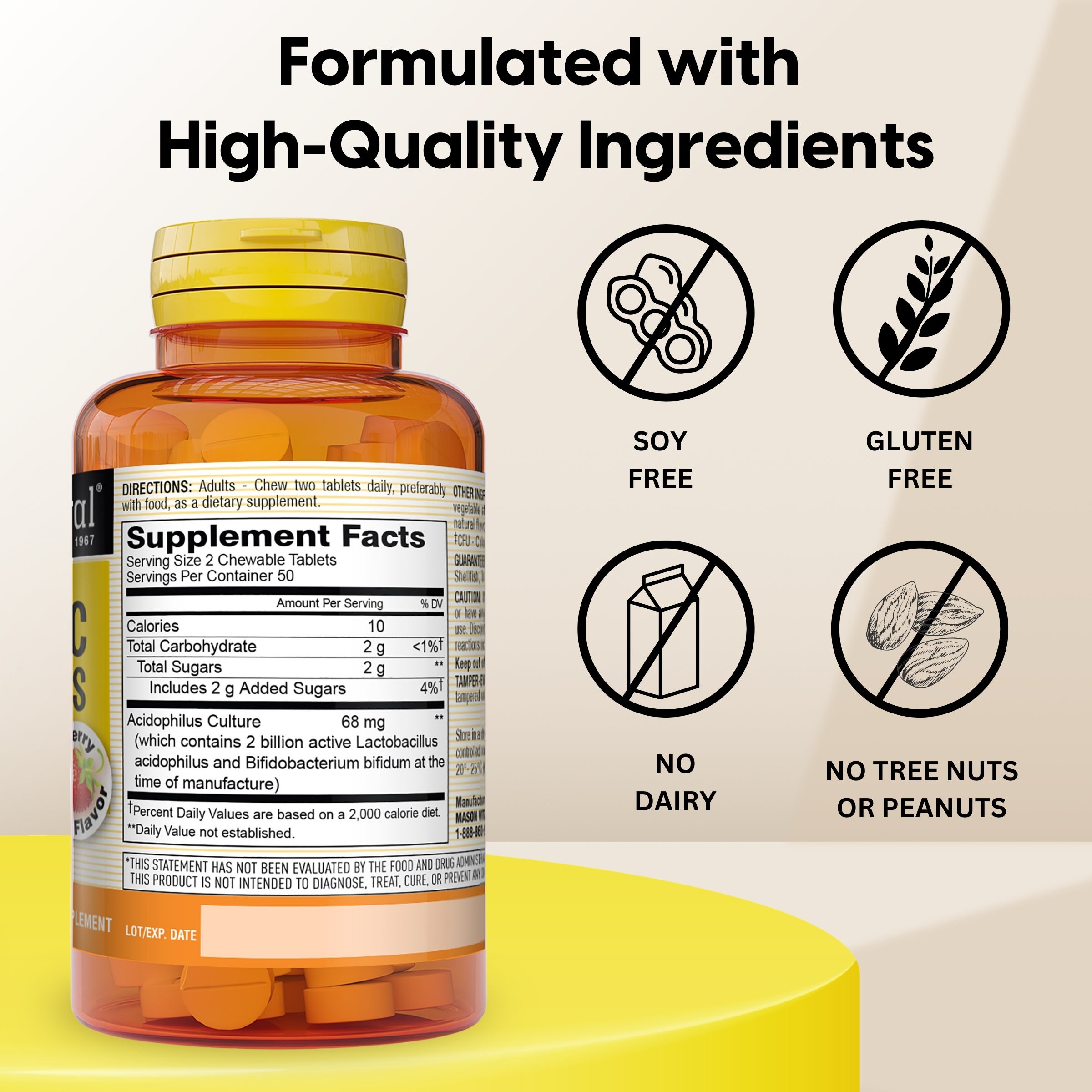 Chewable Probiotic Acidophilus & Bifidus – 2 Billion CFU – Digestive Support – 100 Wafers – Strawberry Flavor