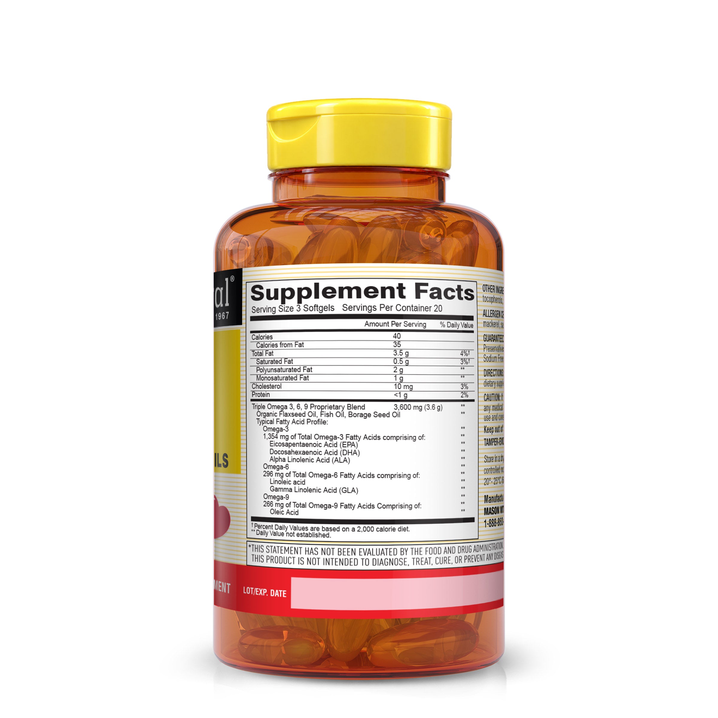 Omega 3-6-9 1200 mg Fish, Flax & Borage Oils - A Healthy Heart, Improved Circulatory Function, Supports Cardiovascular Health, 60 Softgels