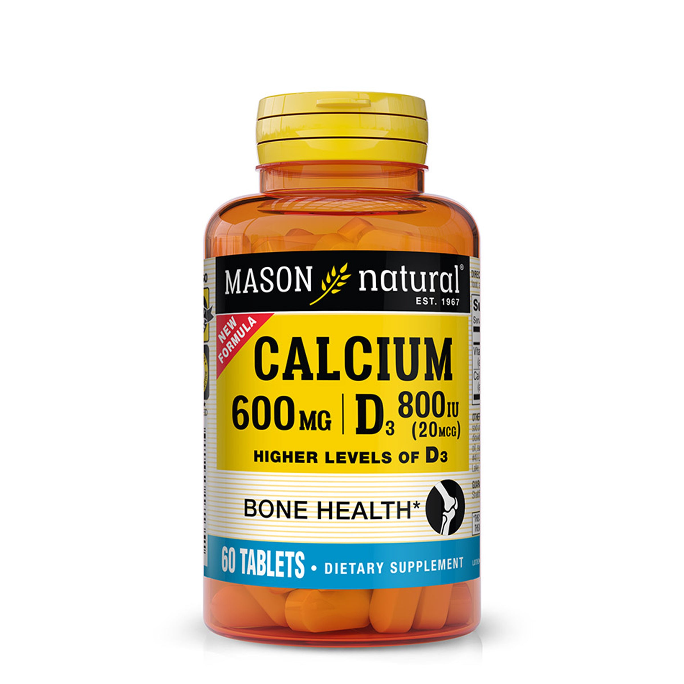 Image of the front of the Mason Natural Calcium 600mg D3 800IU supplement bottle.