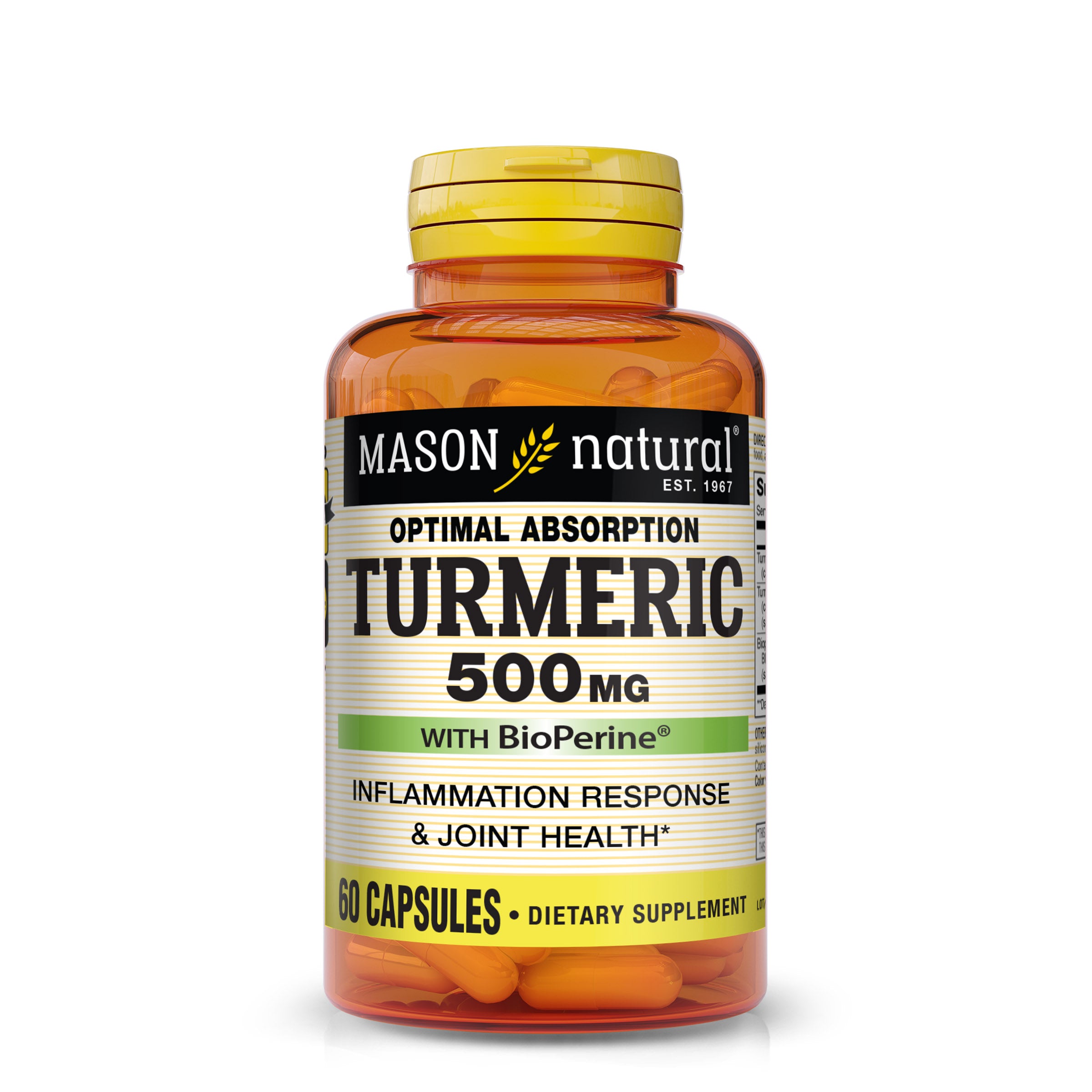 Mason Natural Optimal Absorption Turmeric 500 mg with BioPerine 60 capsules. Image of front of supplement bottle.