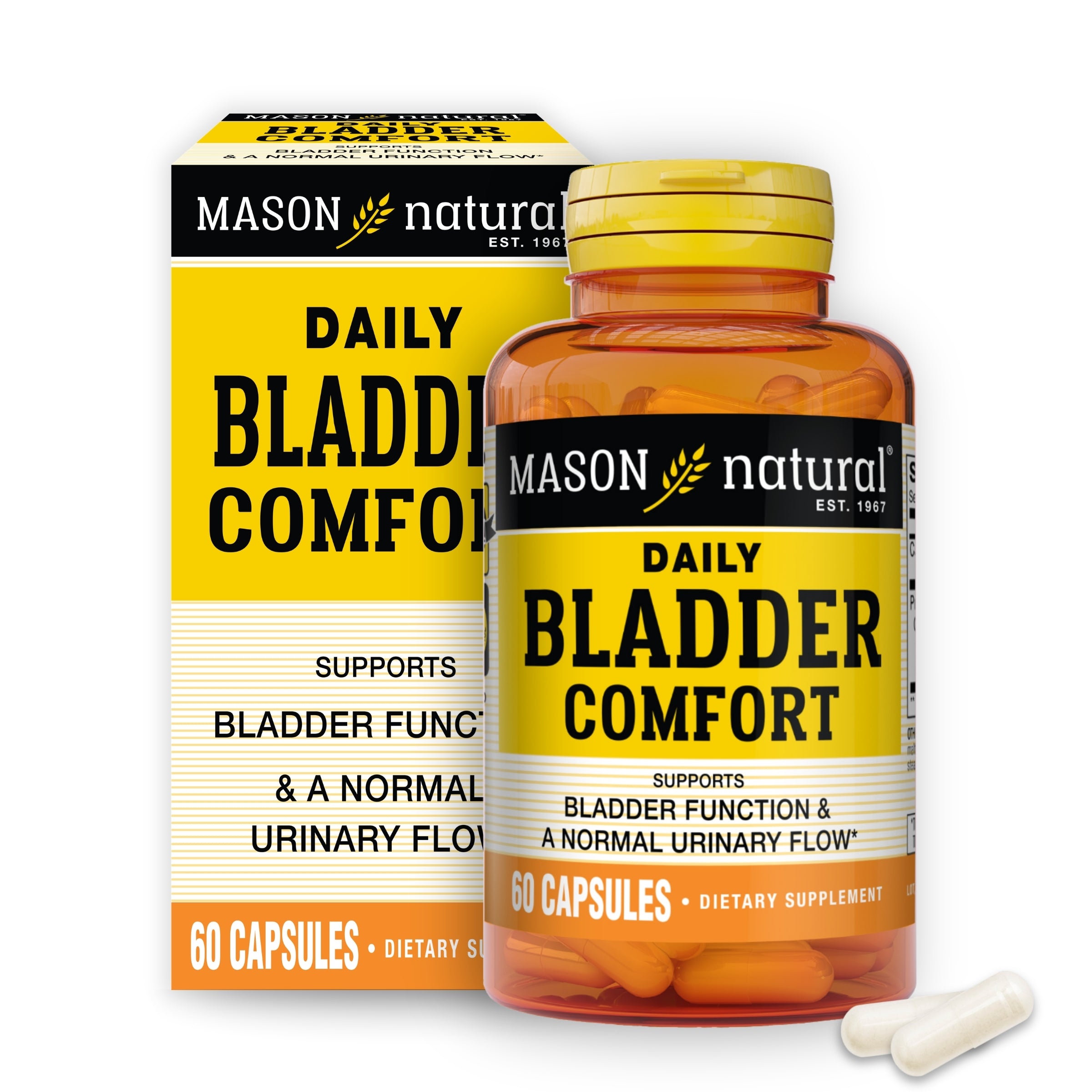 Mason Natural Daily Bladder Comfort – Bladder & Urinary Support, 60 Capsules. Image of front supplement box and bottle.