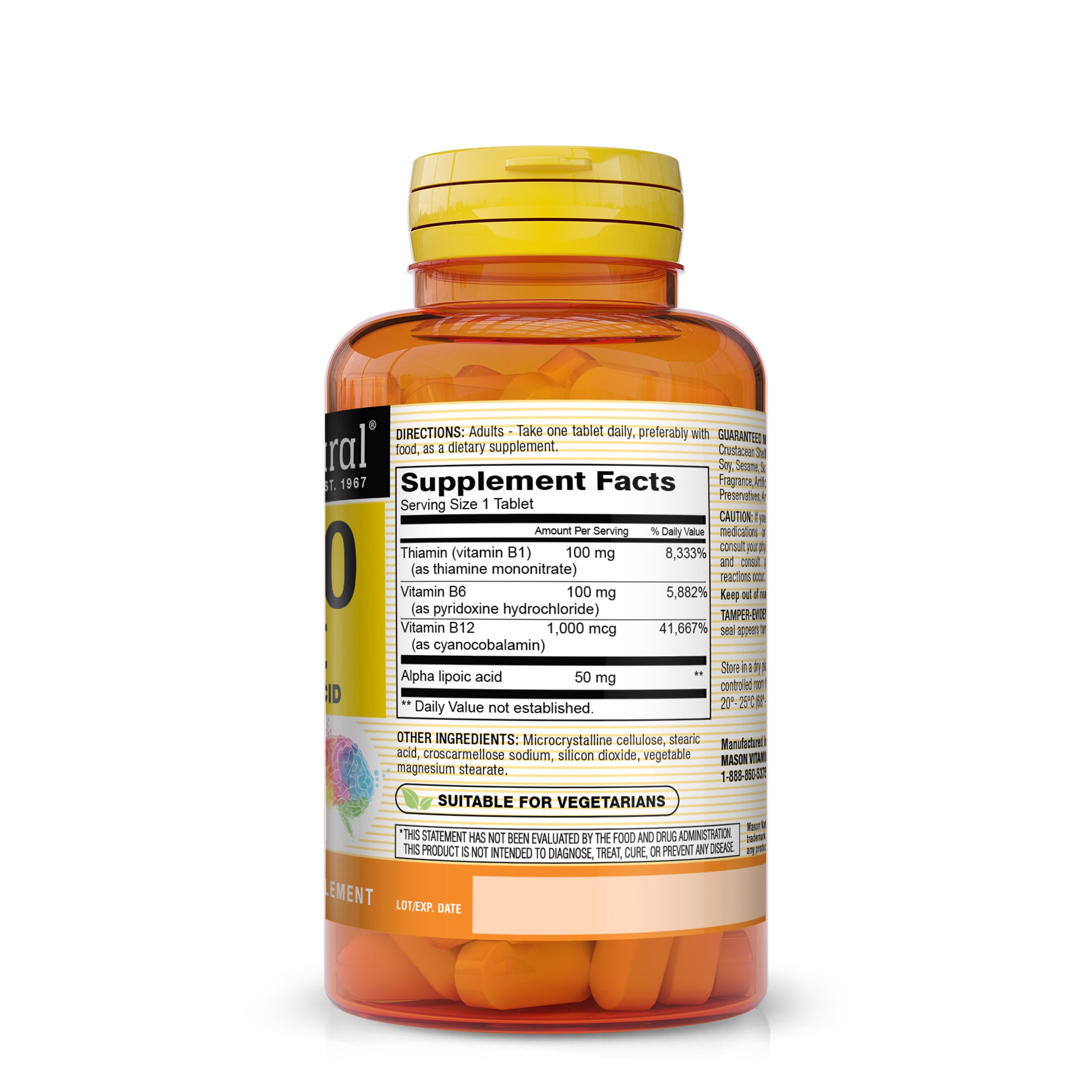 Mason Natural Neuro Complex with Alpha Lipoic Acid tablets. Image of side of bottle on a white background.