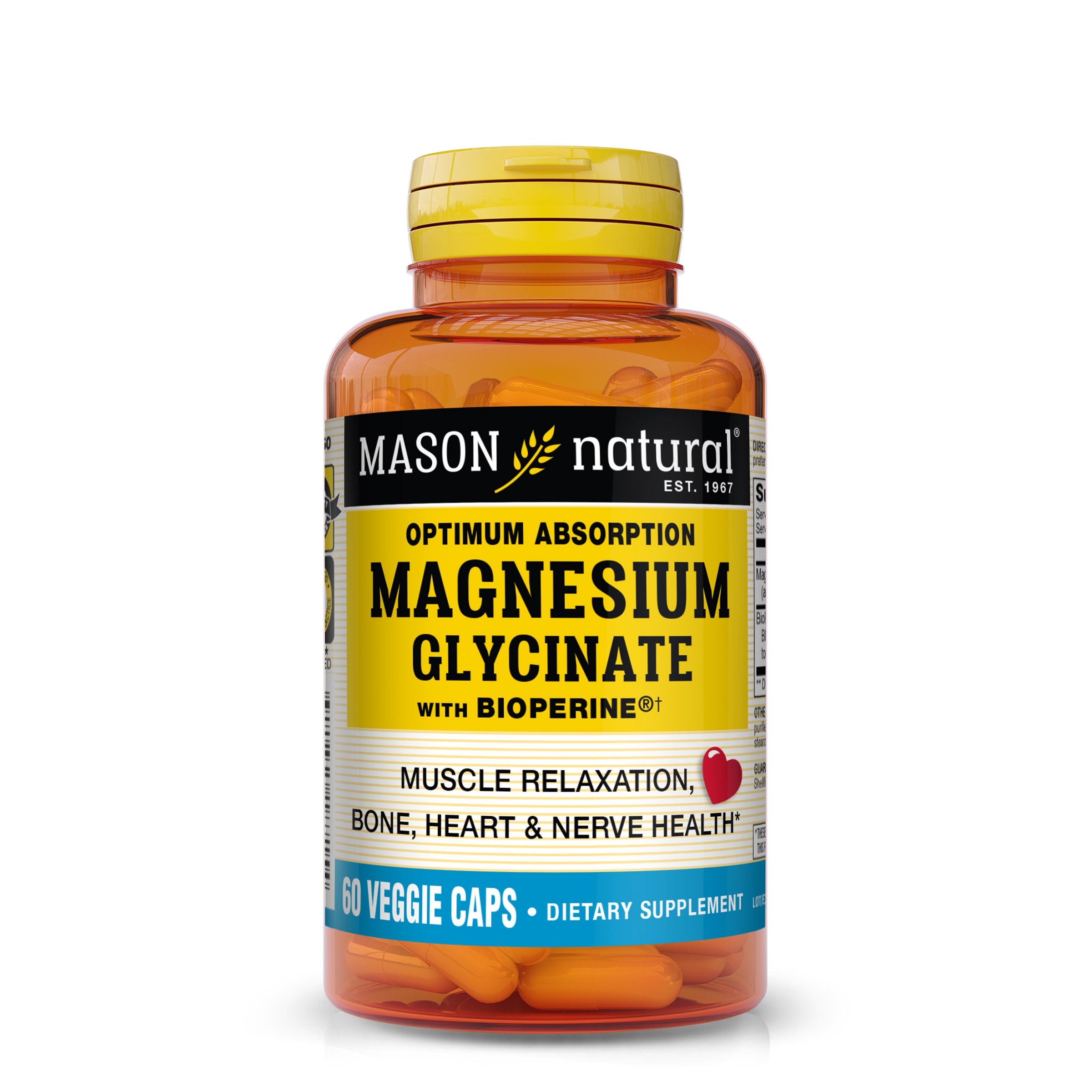 Mason Natural Optimum Absorption Magnesium Glycinate with BioPerine Caplets. Image of front of bottle.