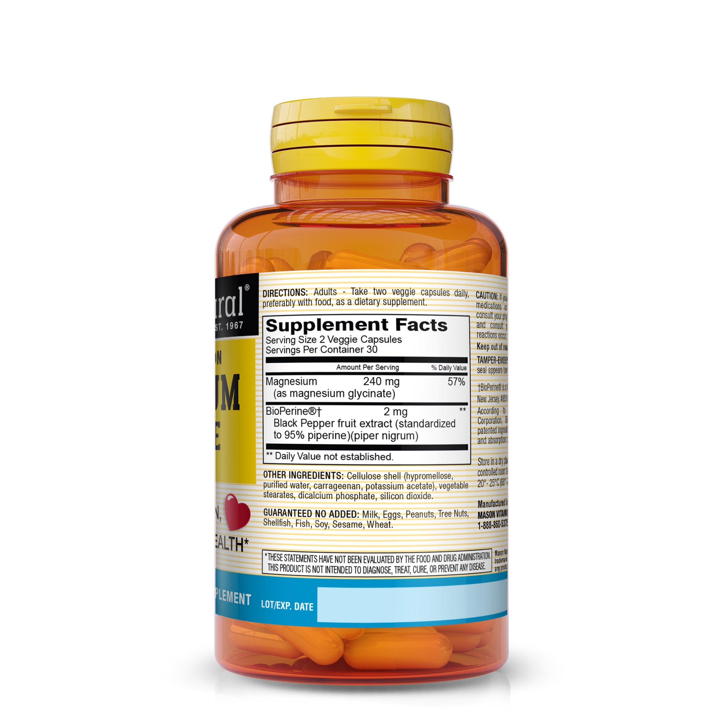 Mason Natural Optimum Absorption Magnesium Glycinate with BioPerine Caplets. Image of back of bottle.