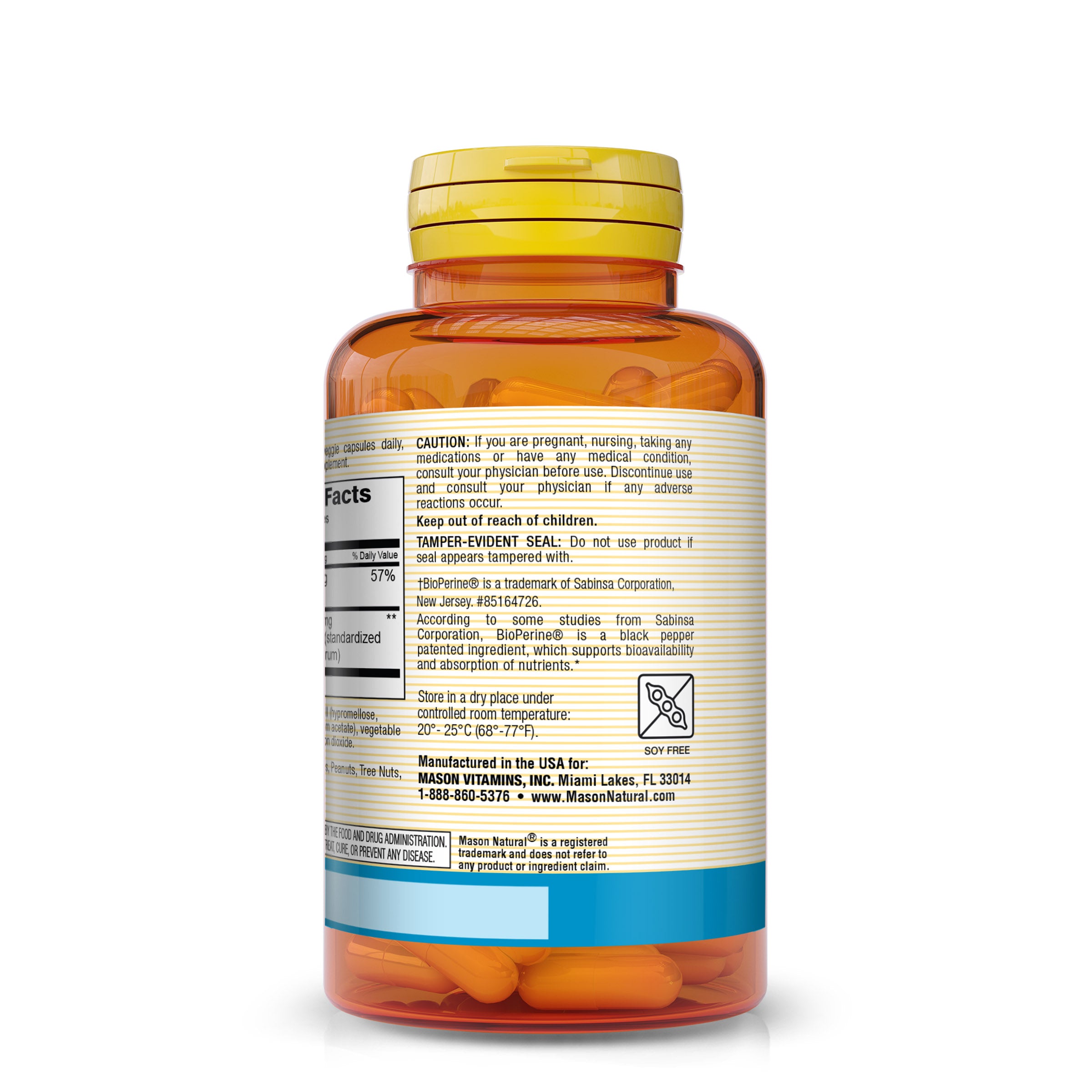 Mason Natural Optimum Absorption Magnesium Glycinate with BioPerine Caplets. Image of side of bottle.