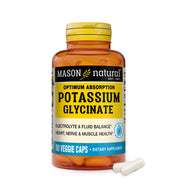 Mason Natural Optimum Absorption Potassium Glycinate, 90 Caps. Image of front of bottle with two loose capsules in front, on a white background.