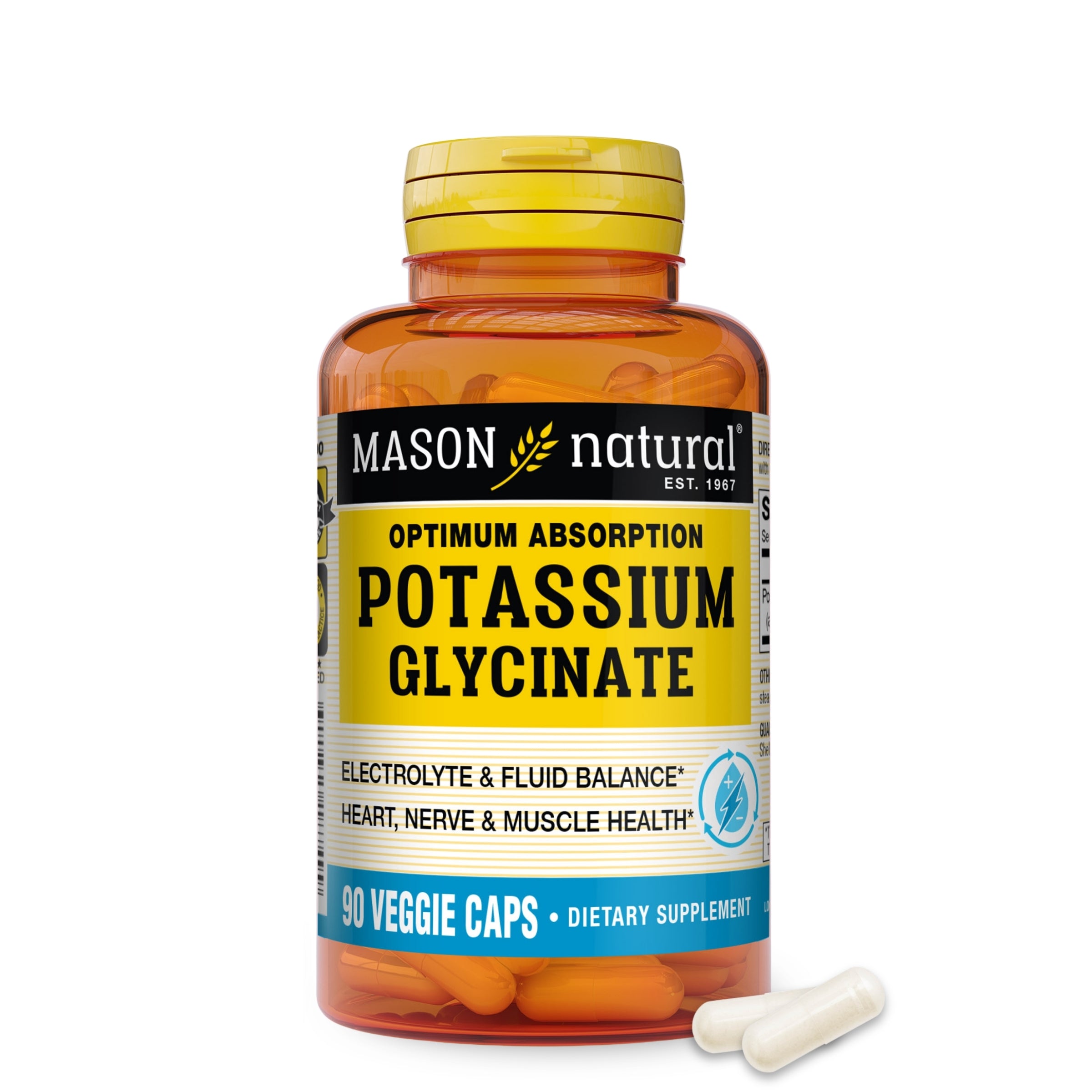 Mason Natural Optimum Absorption Potassium Glycinate, 90 Caps. Image of front of bottle with two loose capsules in front, on a white background.