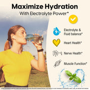 Mason Natural Optimum Absorption Potassium Glycinate, 90 Caps. Promotional graphic for an electrolyte drink mix. On the left, a woman in a yellow shirt drinks from a clear bottle outdoors.
