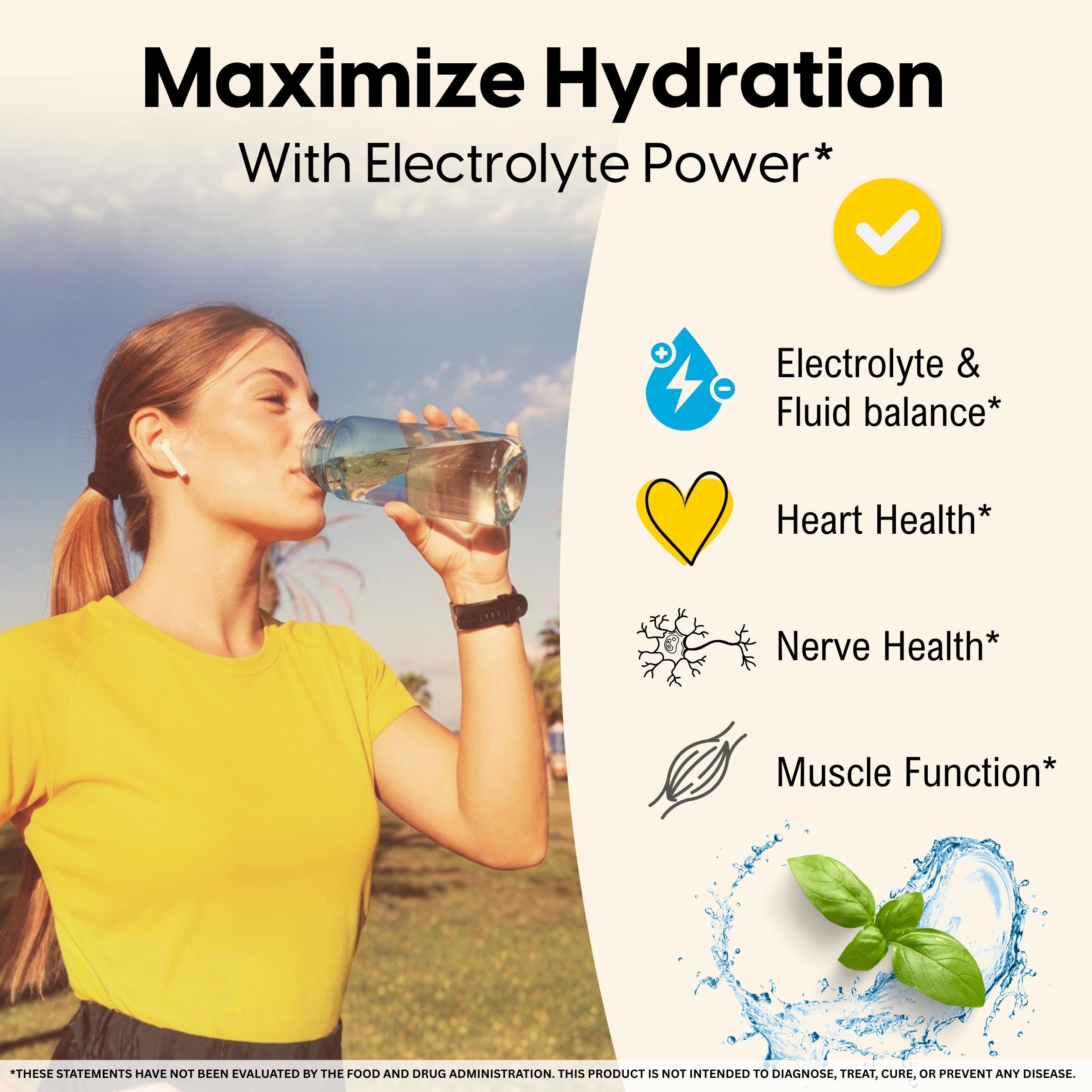 Mason Natural Optimum Absorption Potassium Glycinate, 90 Caps. Promotional graphic for an electrolyte drink mix. On the left, a woman in a yellow shirt drinks from a clear bottle outdoors.