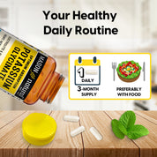 Mason Natural Optimum Absorption Potassium Glycinate, 90 Caps. Image of bottle on a wooden surface with white capsules scattered, mint leaves, and a graphic callout reading 'Your Healthy Daily Routine' with '3-Month Supply' and 'Preferably with food'.