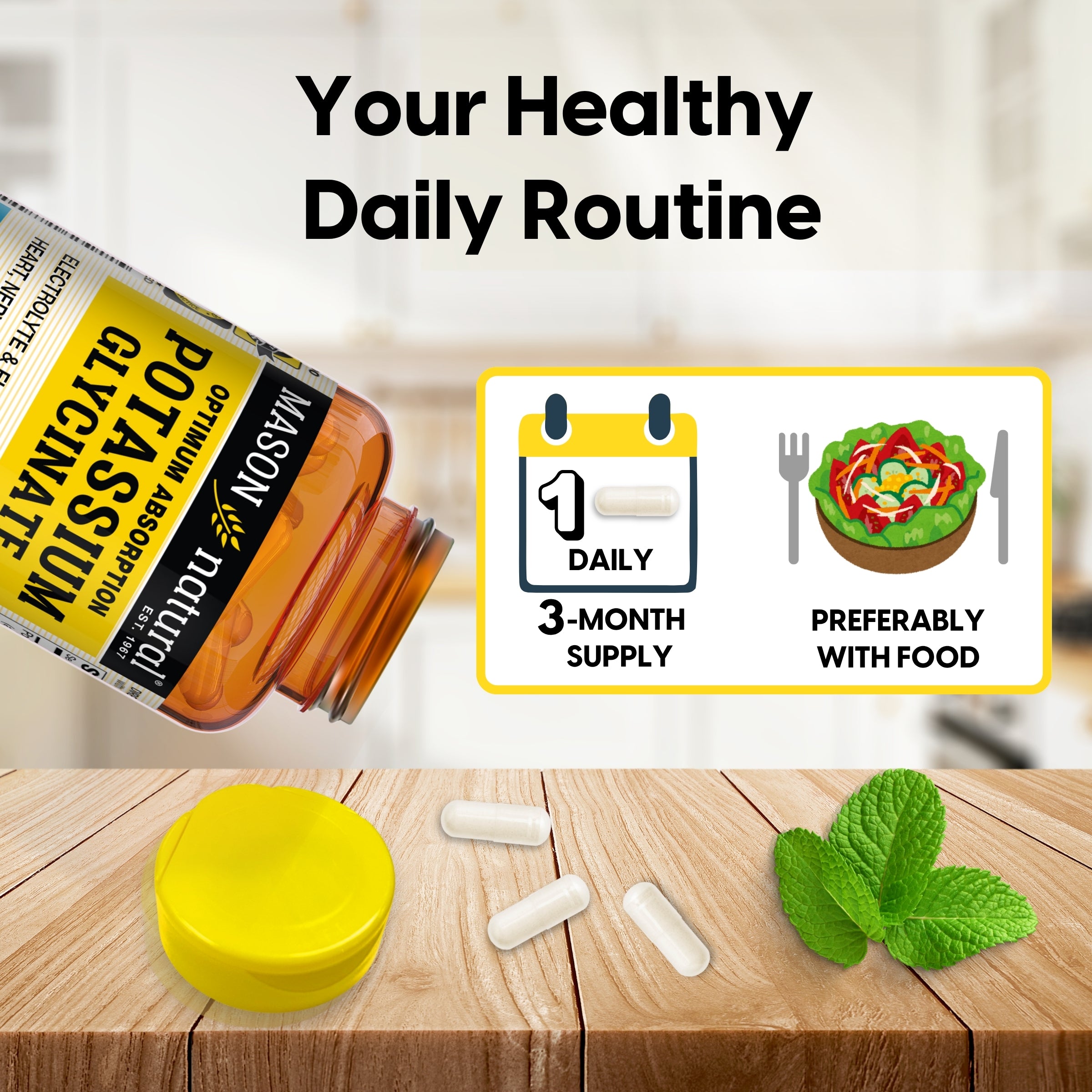 Mason Natural Optimum Absorption Potassium Glycinate, 90 Caps. Image of bottle on a wooden surface with white capsules scattered, mint leaves, and a graphic callout reading 'Your Healthy Daily Routine' with '3-Month Supply' and 'Preferably with food'.