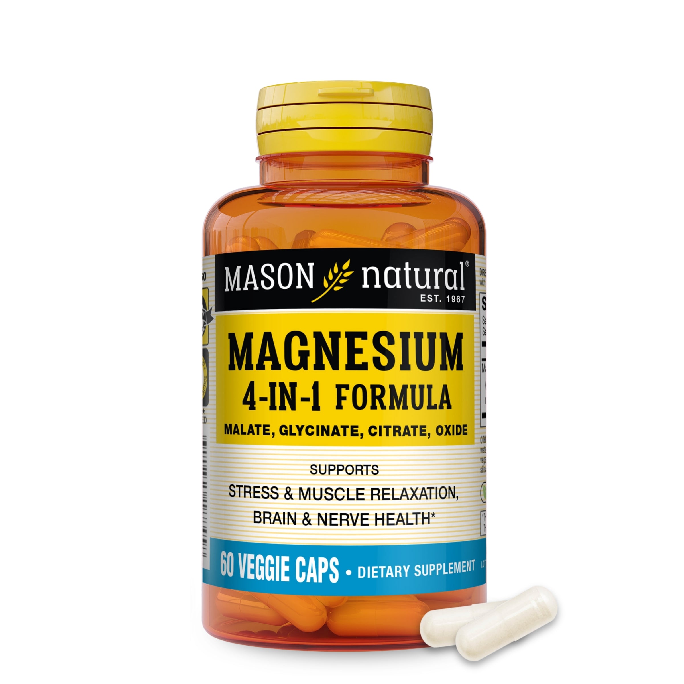 MASON natural Magnesium 4-in-1 Complex 400mg, 60 Veggie Capsules. Bottle with capsules on a white background.