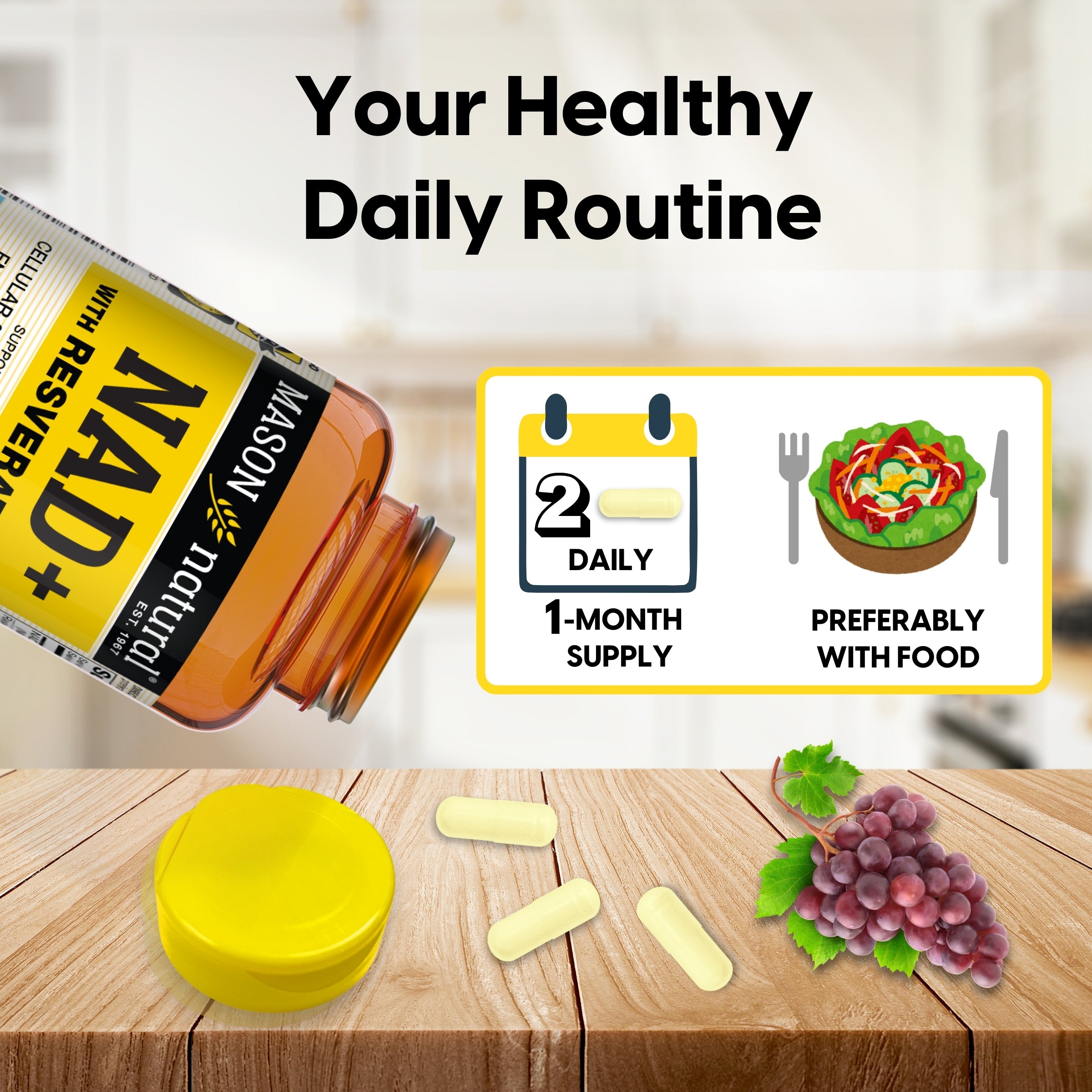 Mason Natural NAD+ Supplement with Resveratrol, Supports Cellular & Brain Health, Energy & Vitality, 60 Veggie Caps