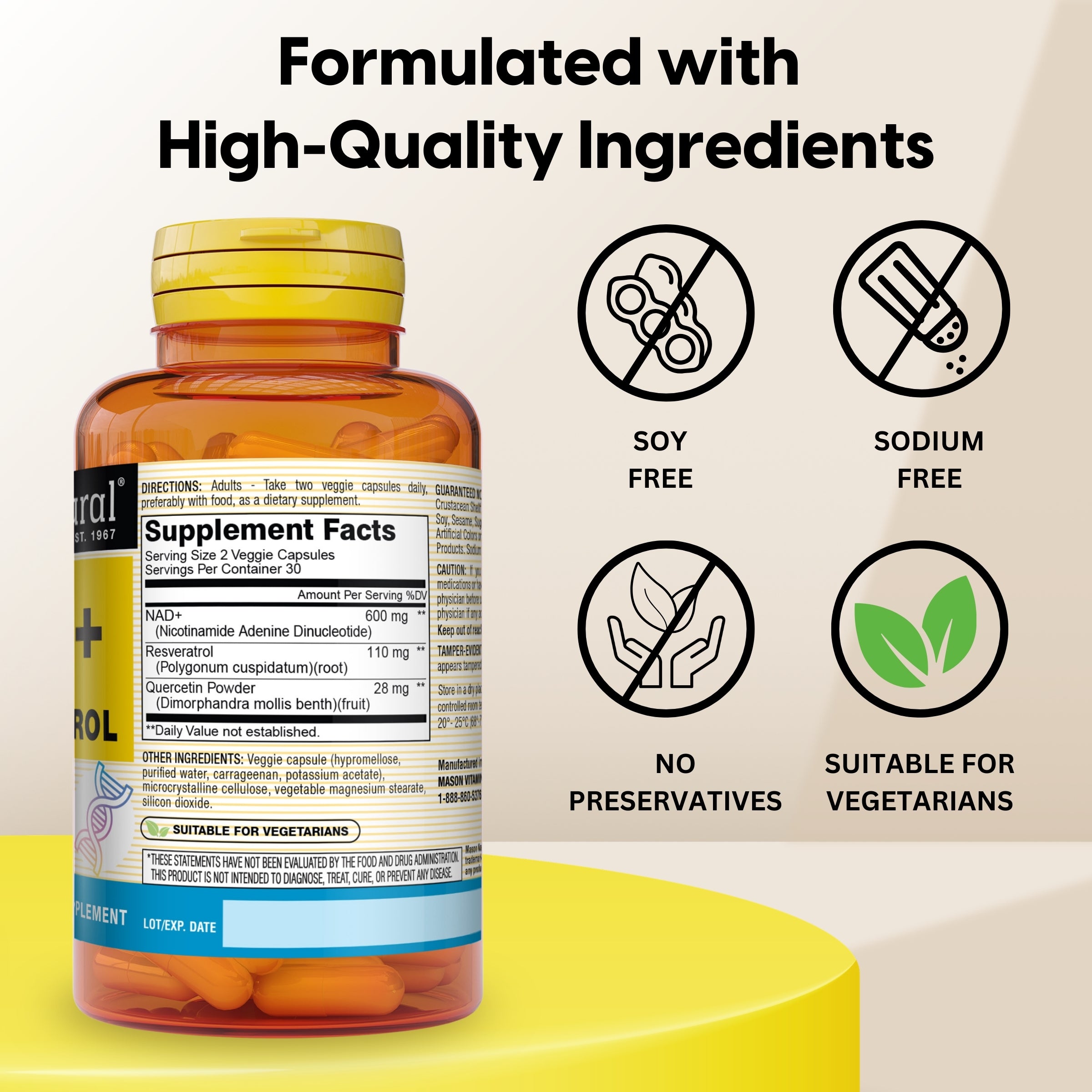 Mason Natural NAD+ Supplement with Resveratrol, Supports Cellular & Brain Health, Energy & Vitality, 60 Veggie Caps