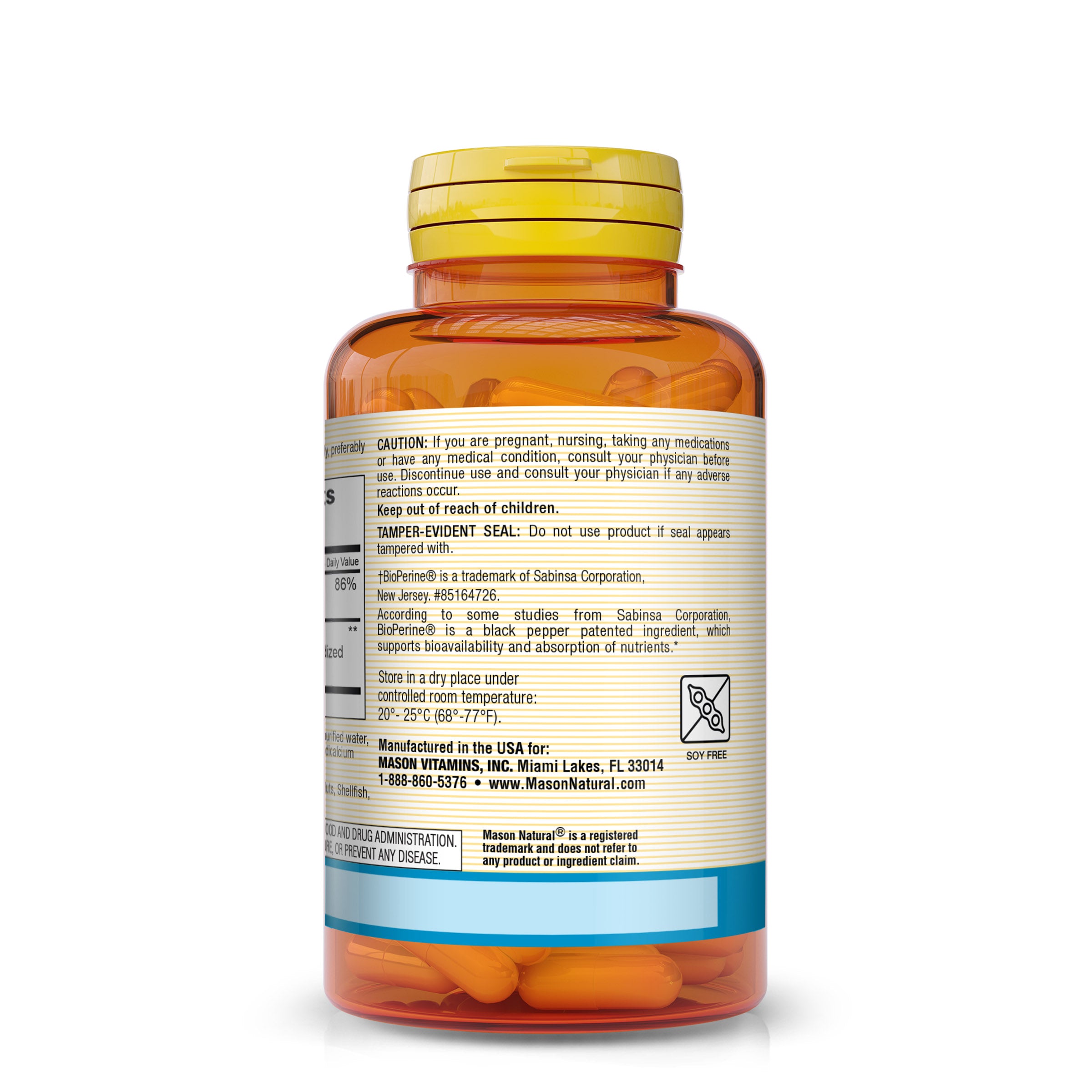 Mason Natural Highly Absorbable Magnesium Glycinate 360 mg - 180 Veggie Capsules. Image of the side of the supplement bottle.