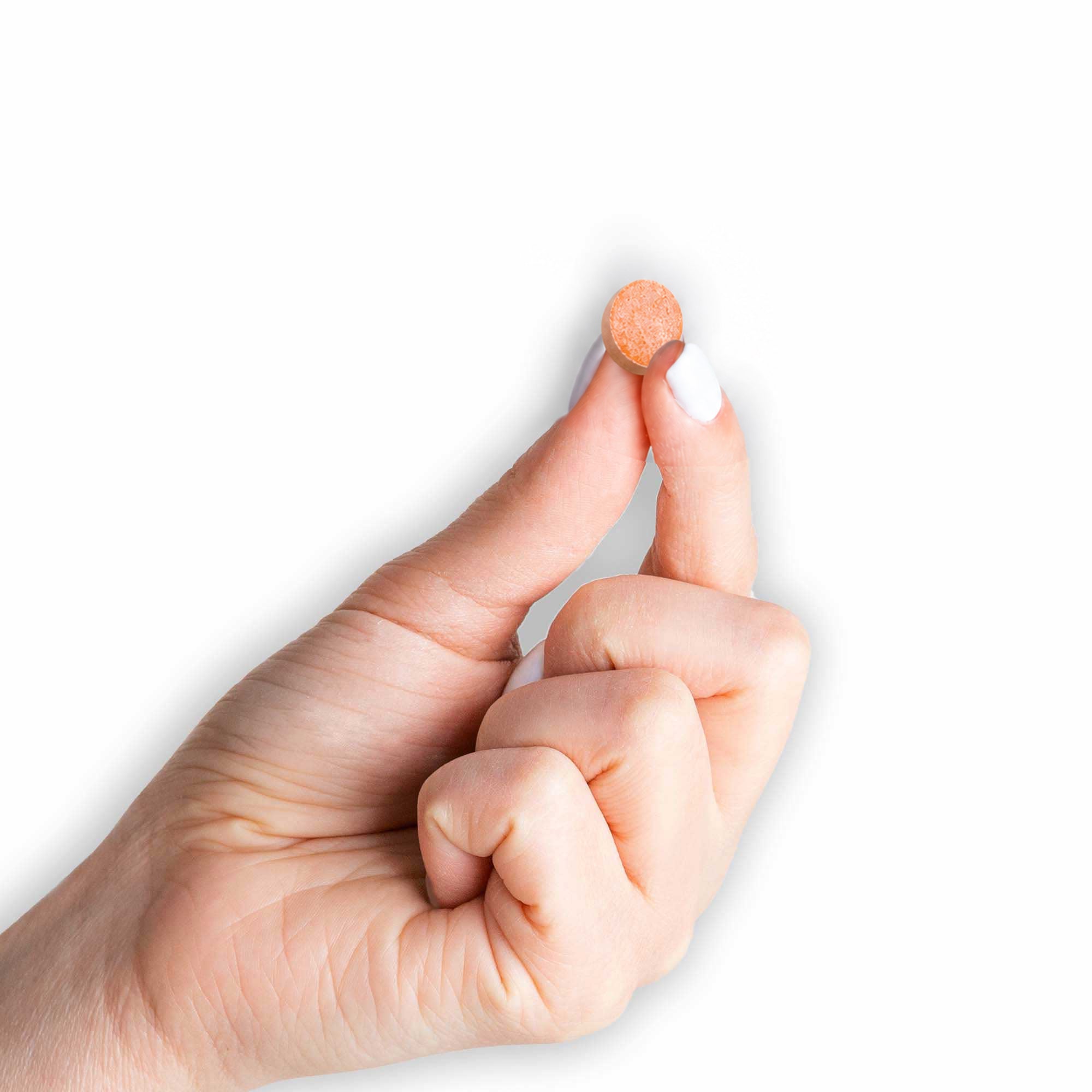 Mason Natural Papaya Digestive Enzyme Complex  - Healthy Digestive Function, Promotes Nutrient Absorption, Peach Flavor, 100 Chewables. Image of a hand holding the chewable supplement.