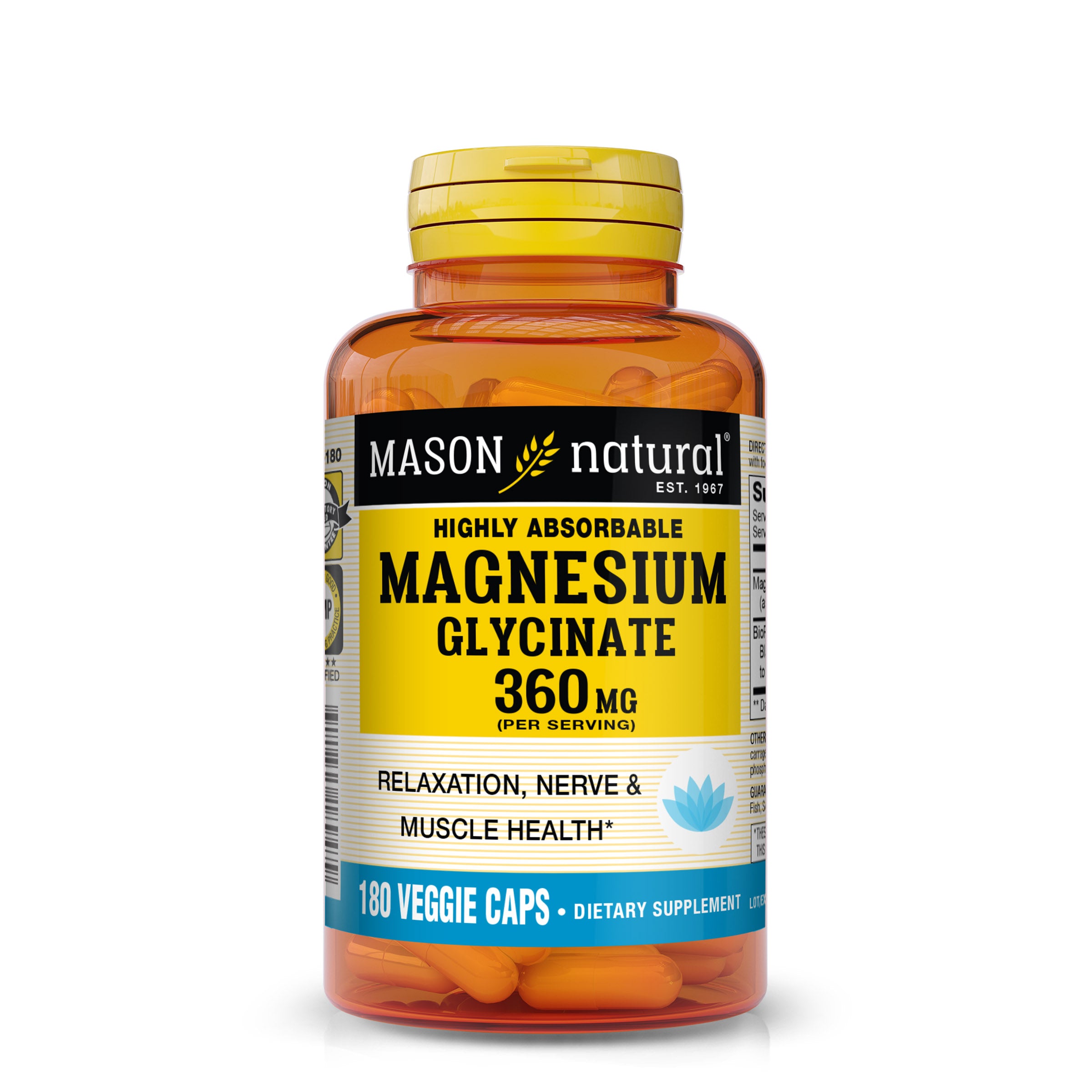 Mason Natural Highly Absorbable Magnesium Glycinate 360 mg - 180 Veggie Capsules. Image of the front of the supplement bottle.